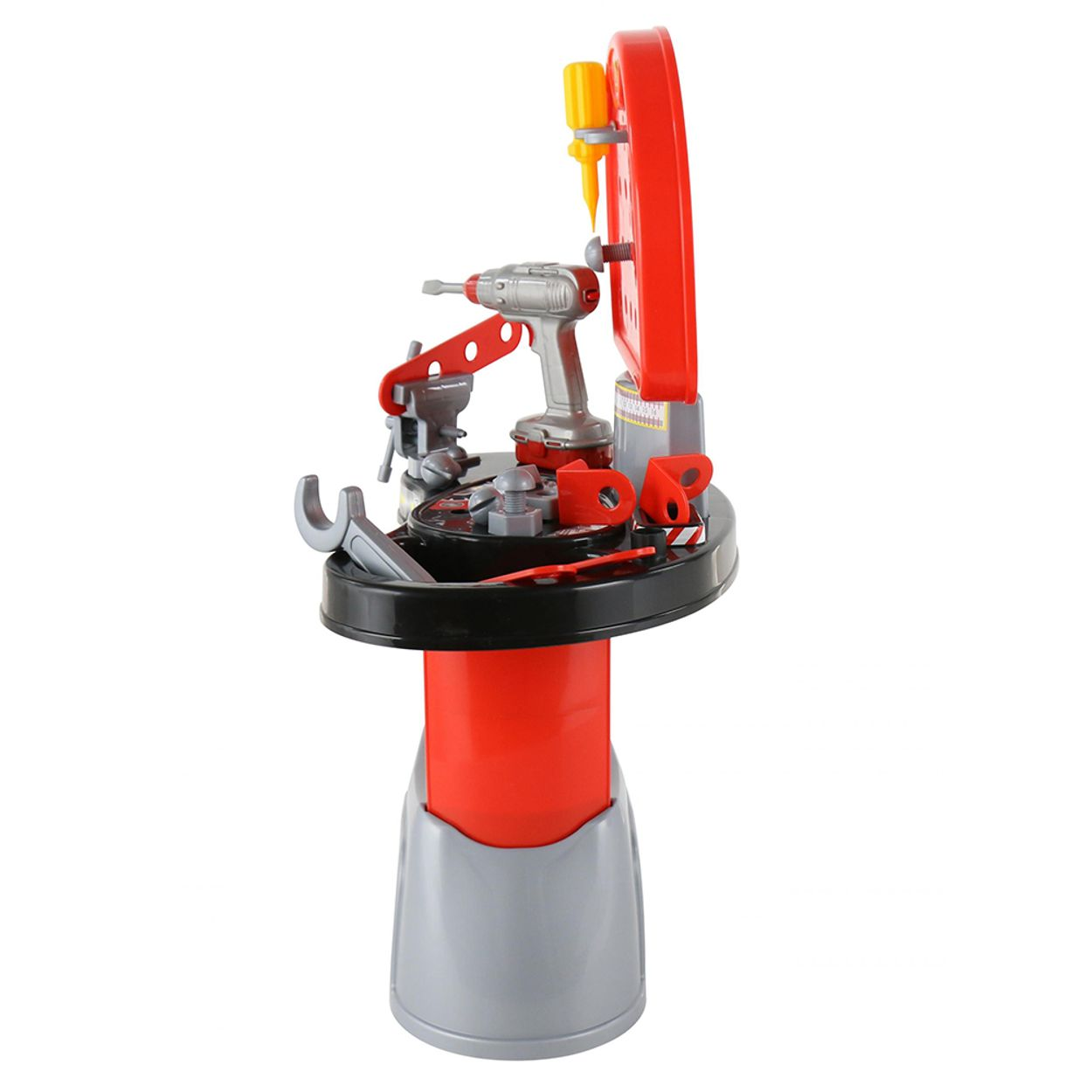 Ein rotes und graues Spielzeug-Werkzeugset. Es enthält eine Bohrmaschine, Schraubenschlüssel und andere Werkzeuge auf einem Ständer.
