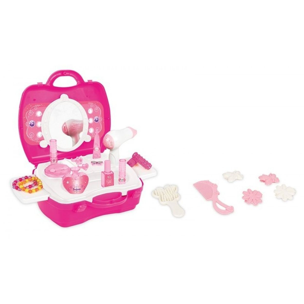 Rosa Spielzeug-Make-up-Set mit Zubehör auf weißem Hintergrund.
