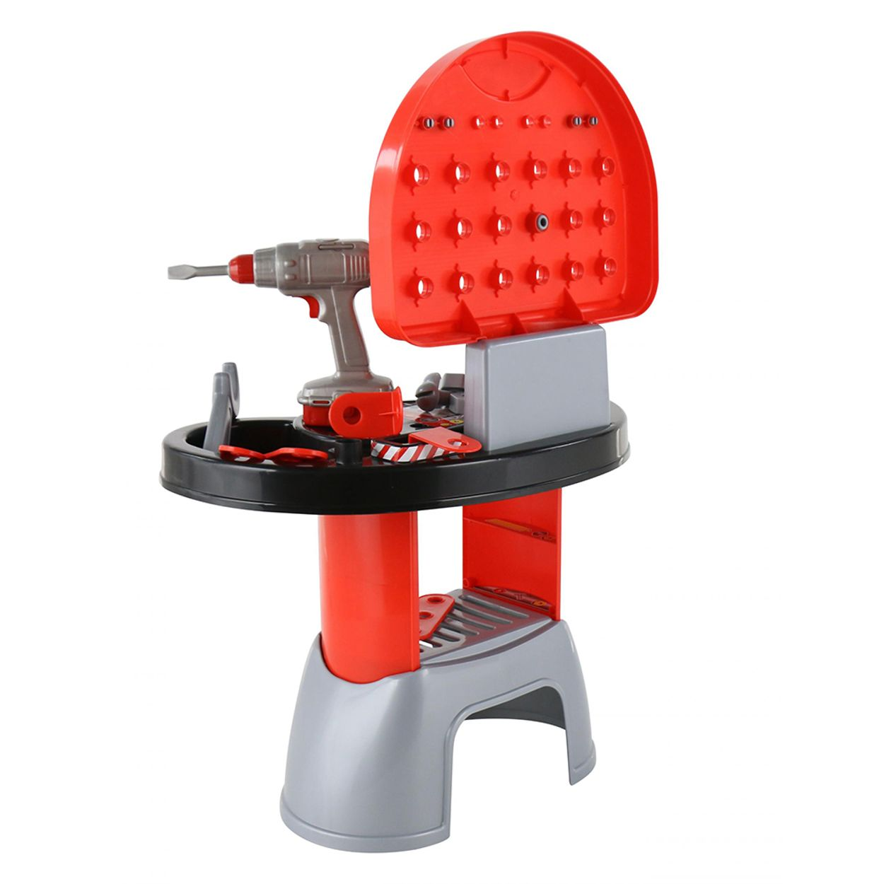 Spielzeug-Werkbank mit Bohrmaschine, Werkzeugen und einem rot-grauen Farbschema. Weißer Hintergrund.