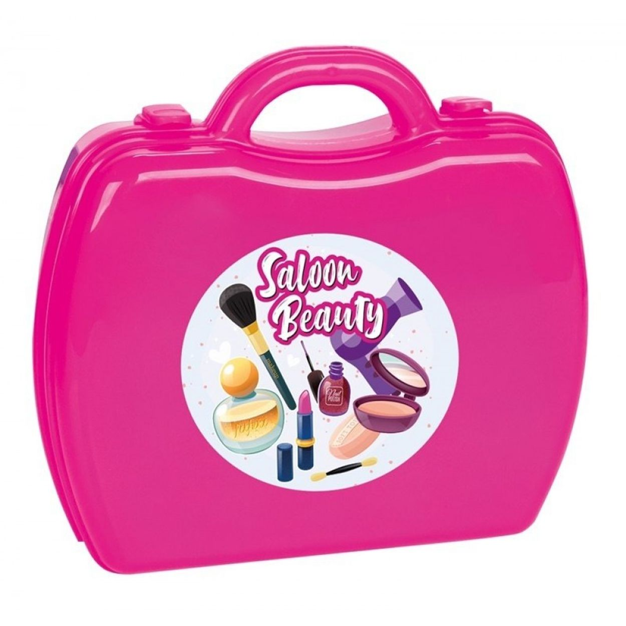 Pinke Spielzeug-Kosmetiktasche mit Make-up-Illustration. Enthält Make-up-Tools und Zubehör.