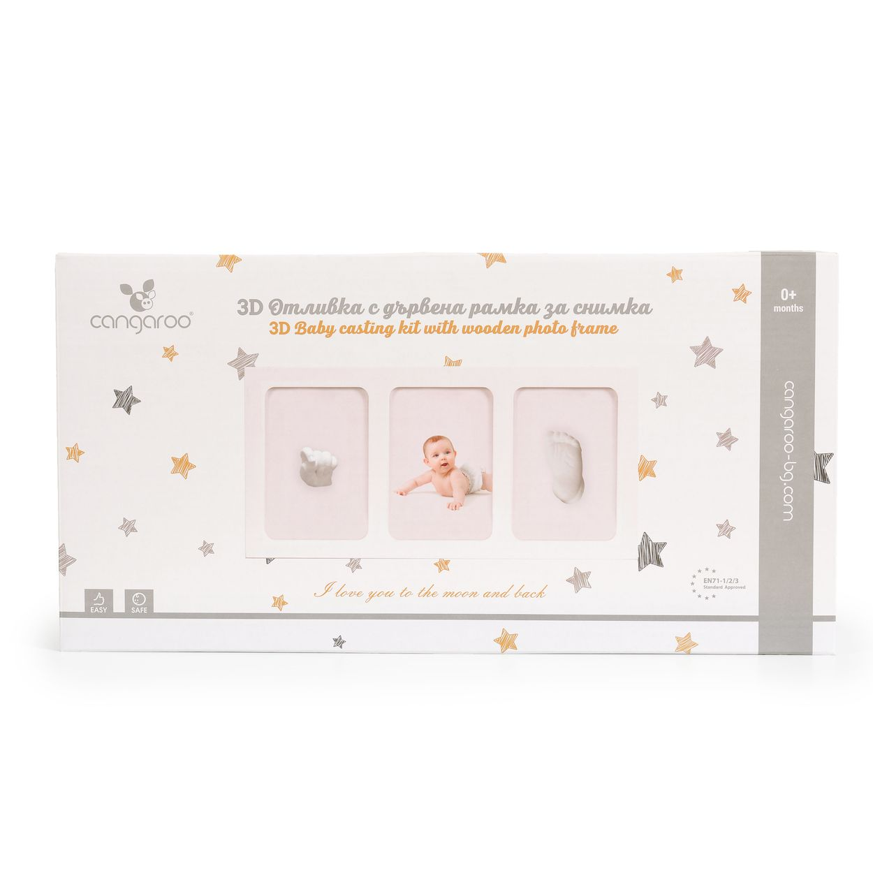 Baby-Gießset in einer Box. Enthält einen Babyfuß, eine Hand und ein Babyfoto. Weißer Hintergrund.