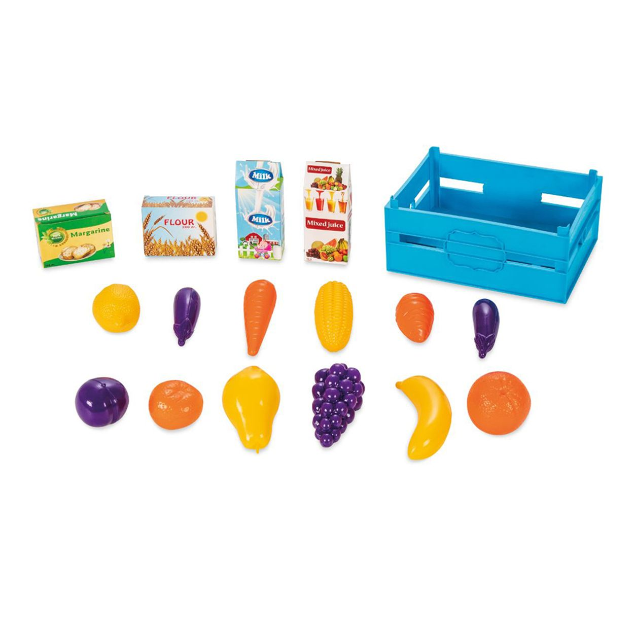 Verschiedene Spielzeug-Lebensmittel, darunter Margarine, Mehl, Obst und Saft.