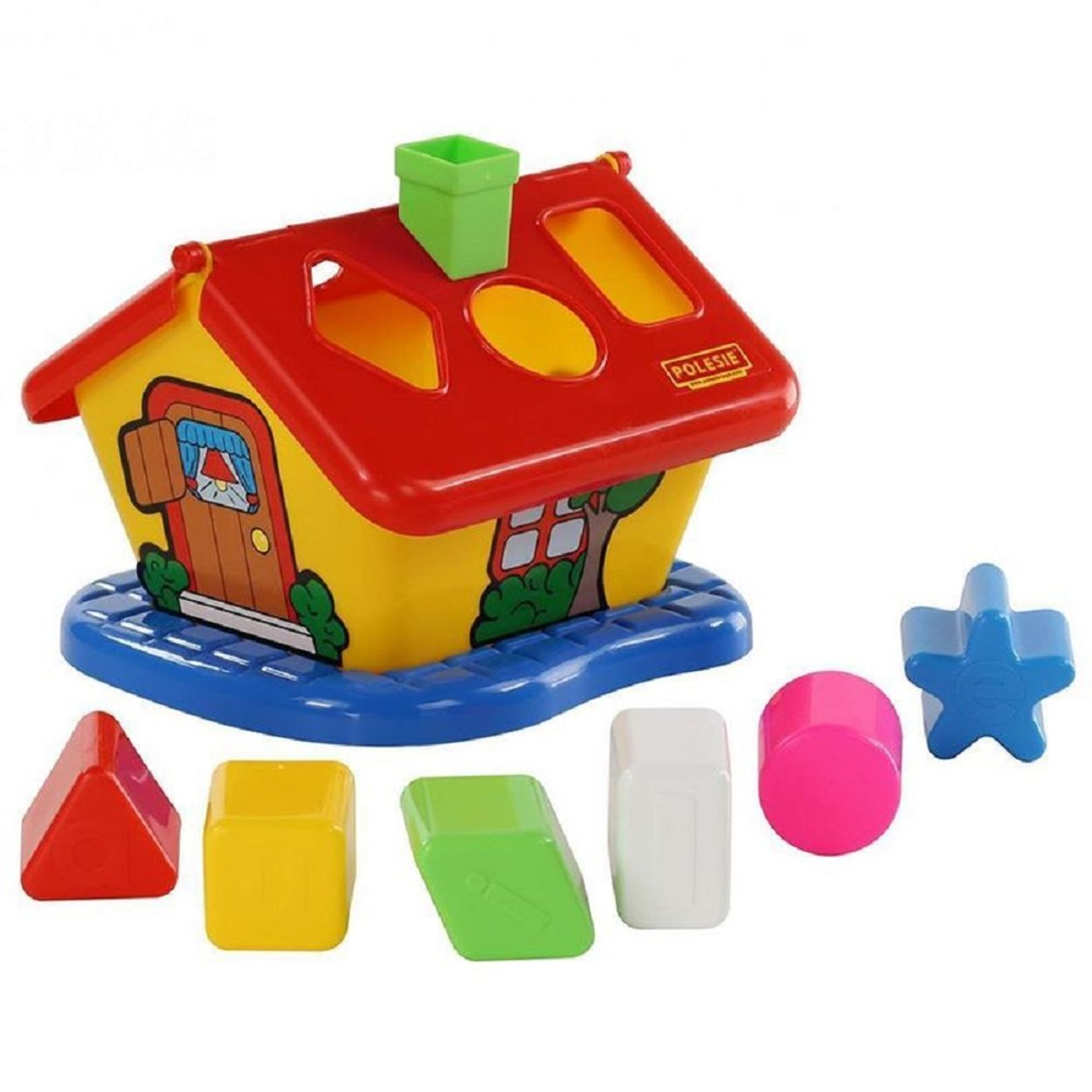 Ein farbenfrohes Formensortierspielzeug in Form eines Hauses. Es hat verschiedene farbige Blöcke zum Sortieren.
