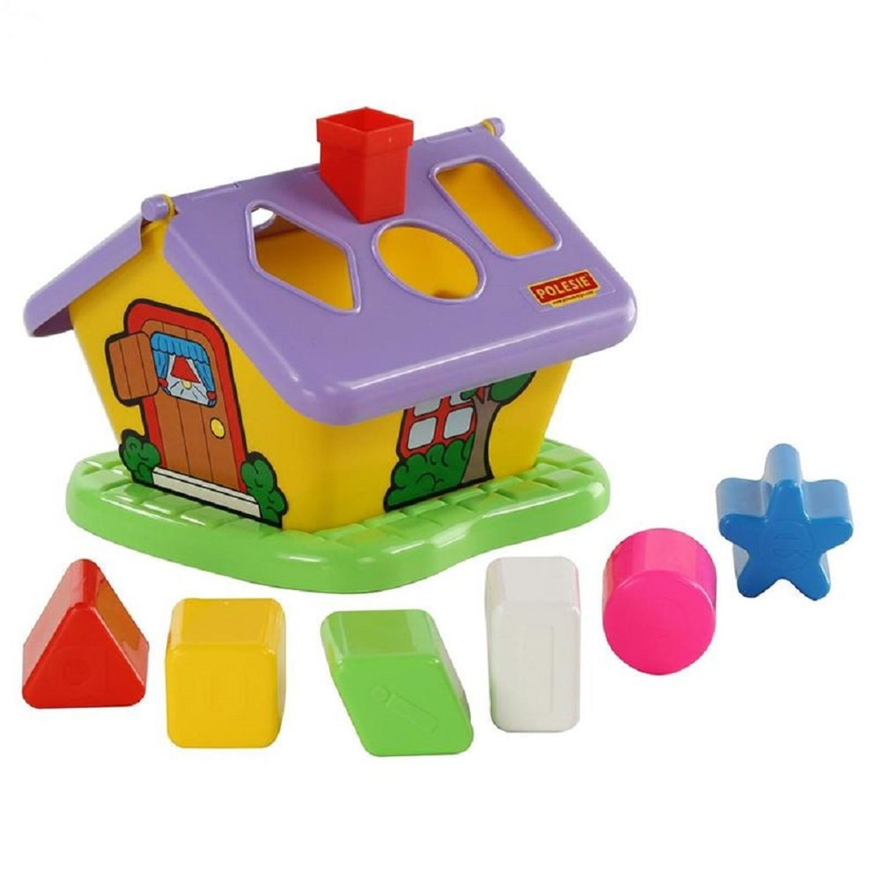 Ein farbenfrohes Spielzeughaus mit Formsortierlöchern und -formen. Es ist ein Formsortierspielzeug.