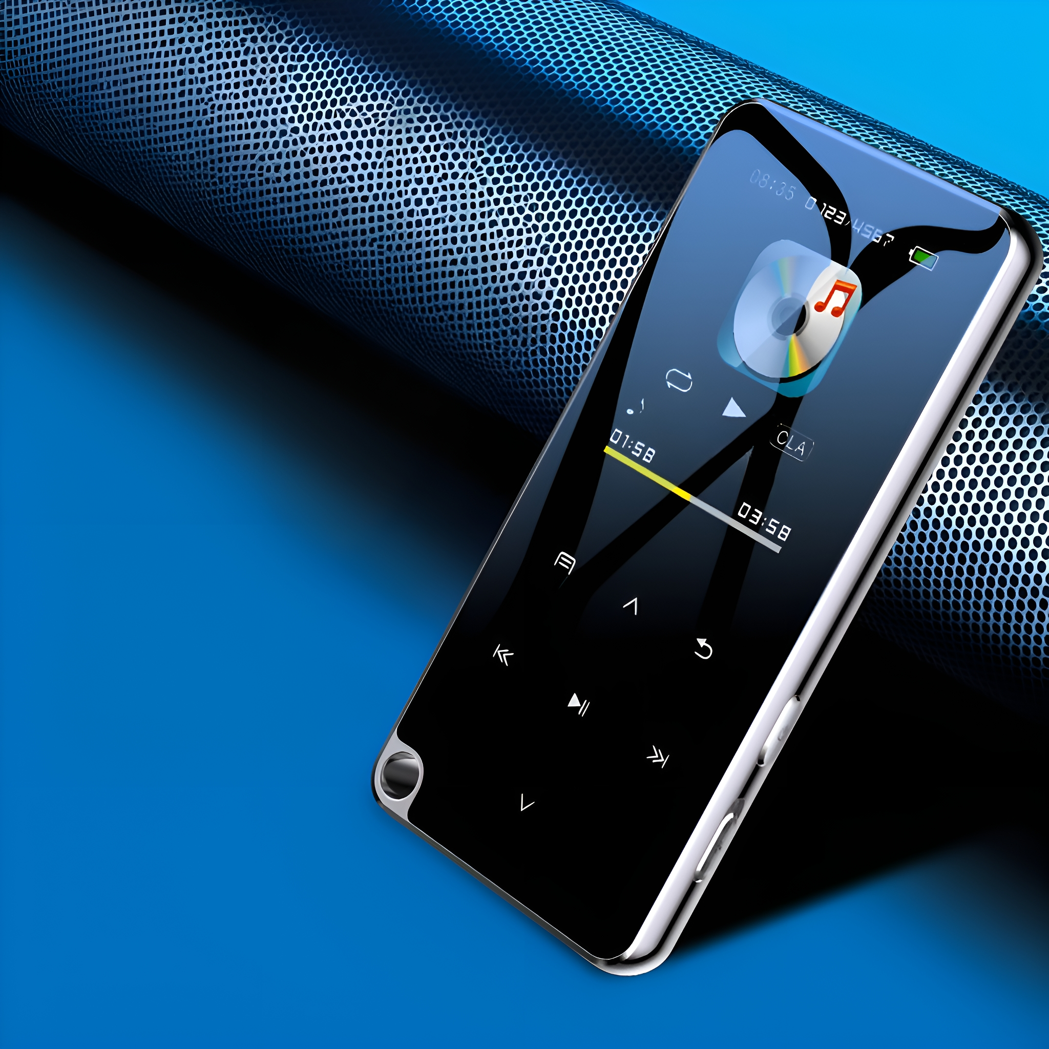 Schwarzer MP3-Player mit einem Bildschirm, der ein Lied anzeigt. Er liegt auf einer blauen Oberfläche und reflektiert Licht.
