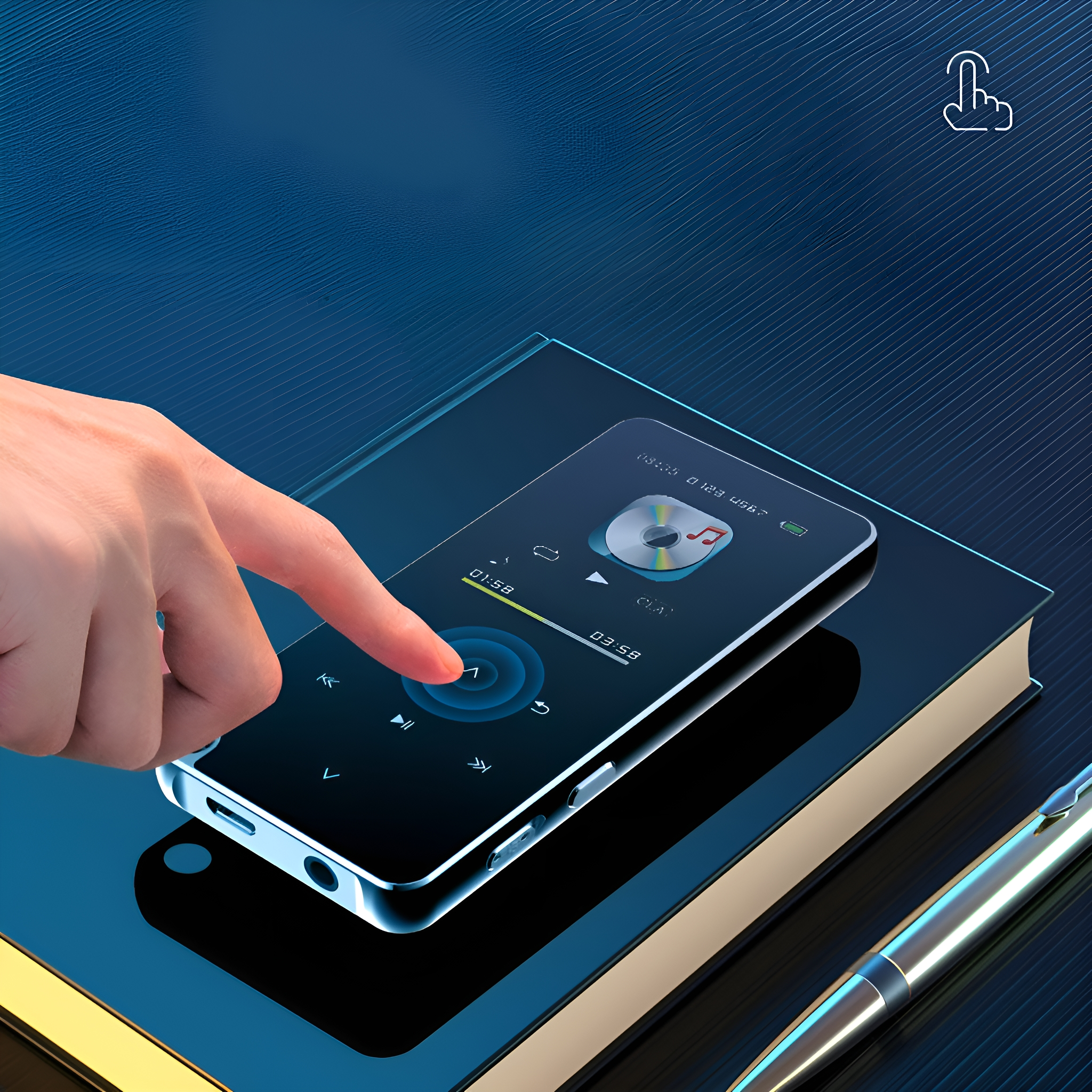 Eine Hand berührt einen Telefonbildschirm. Der Bildschirm zeigt eine Musikplayer-Oberfläche. Das Telefon und ein Stift liegen auf einem Buch.