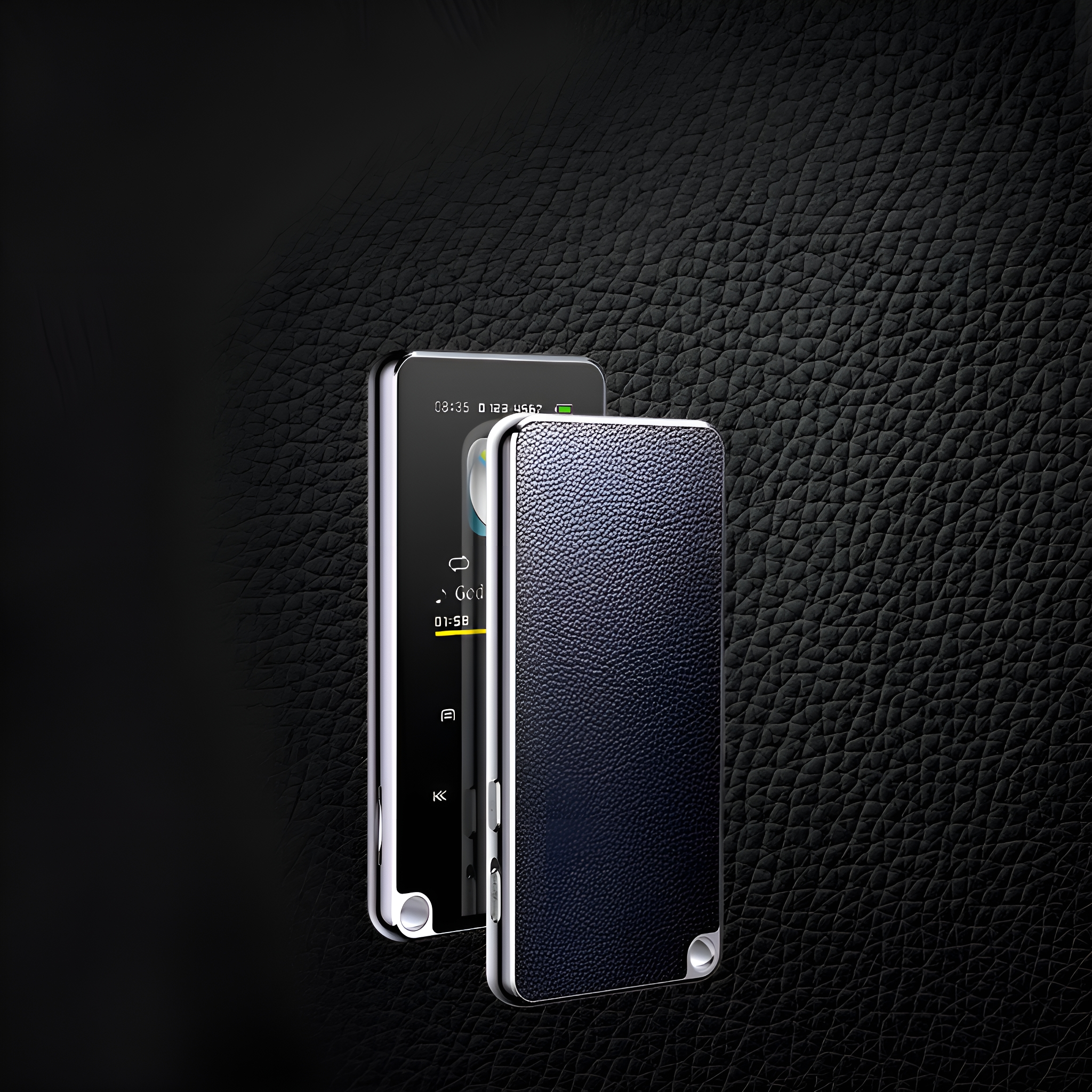 MP3-Player auf Lederhintergrund, Bildschirm zeigt Wiedergabesteuerung.