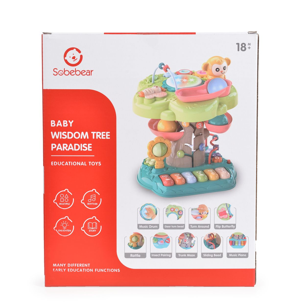 Juguete para bebés en caja con un árbol, un mono, botones y otros elementos interactivos.