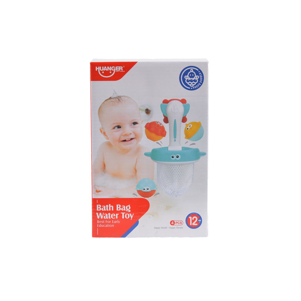 Eine Baby-Badetasche mit Wasserspielzeug-Verpackung. Es zeigt ein Baby und Wasserspielzeug.
