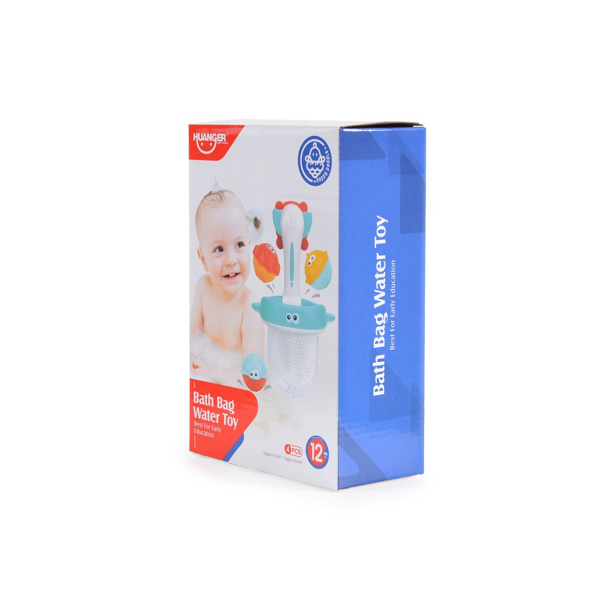Box mit Babybild, Spielzeug und Text.