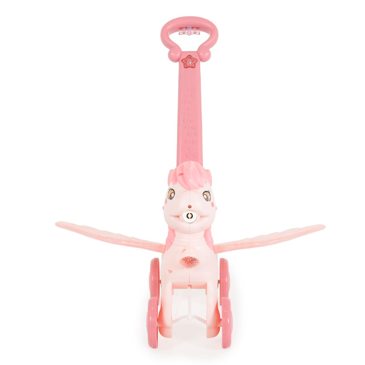 Ein rosa Spielzeugpferd mit Flügeln und Rädern steht auf weißem Hintergrund. Es hat einen Griff und einen Stern.