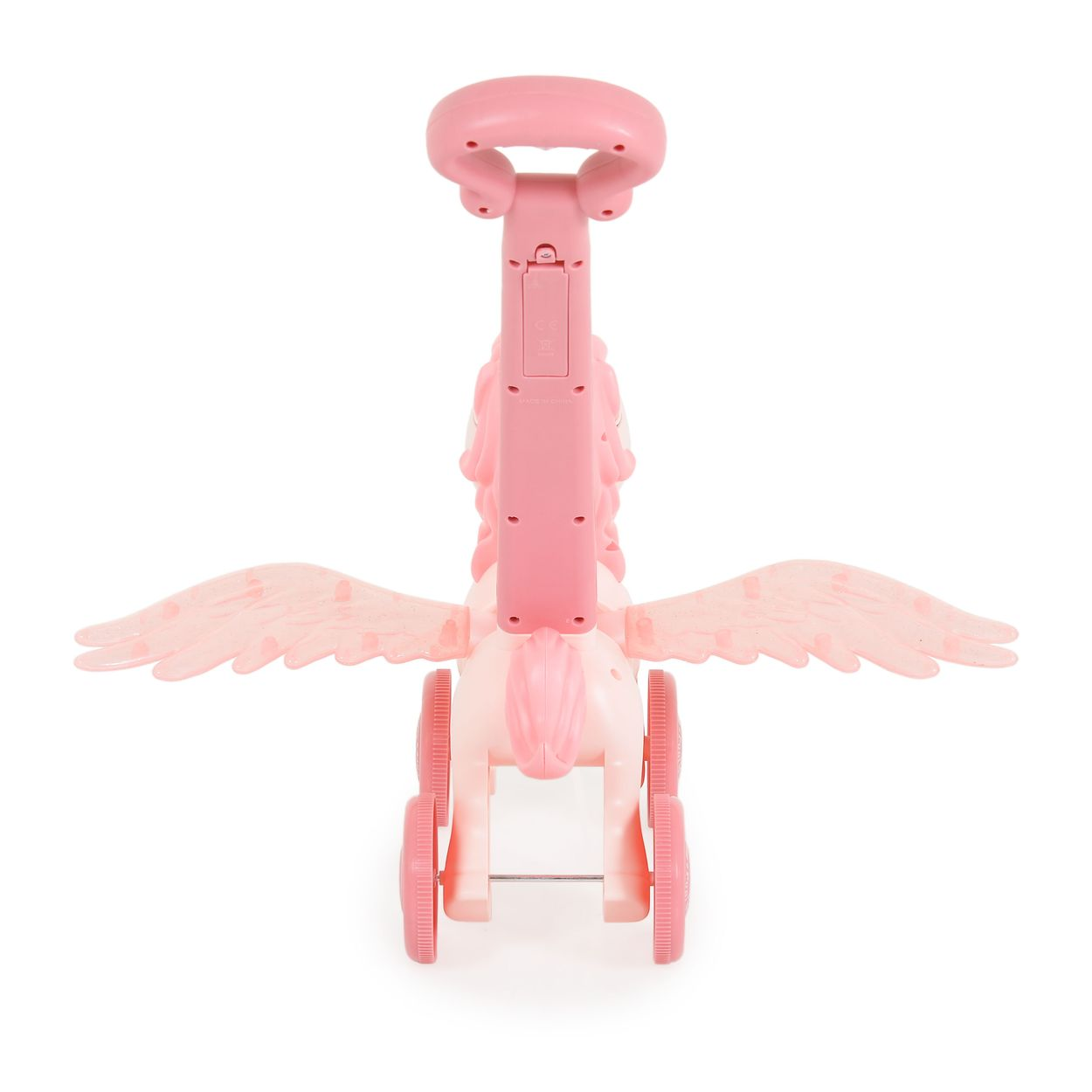 Ein rosa Einhornspielzeug mit Flügeln, Griff und Rädern, von hinten vor weißem Hintergrund.