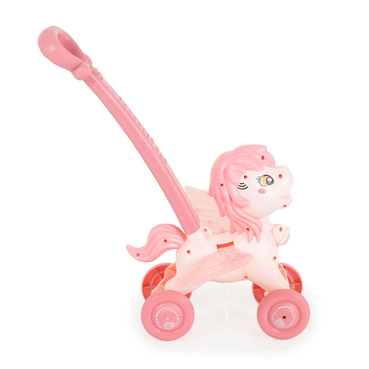 Rosa Einhorn-Schiebespielzeug mit Griff und Rädern. Weißer Hintergrund.