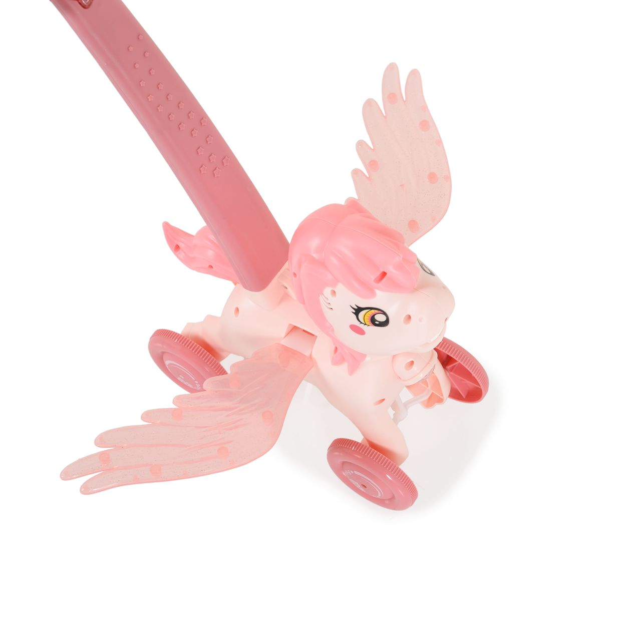 Rosa Spielzeug-Pegasus auf Rädern mit Flügeln, verbunden mit einem rosa Griff, auf weißem Grund.
