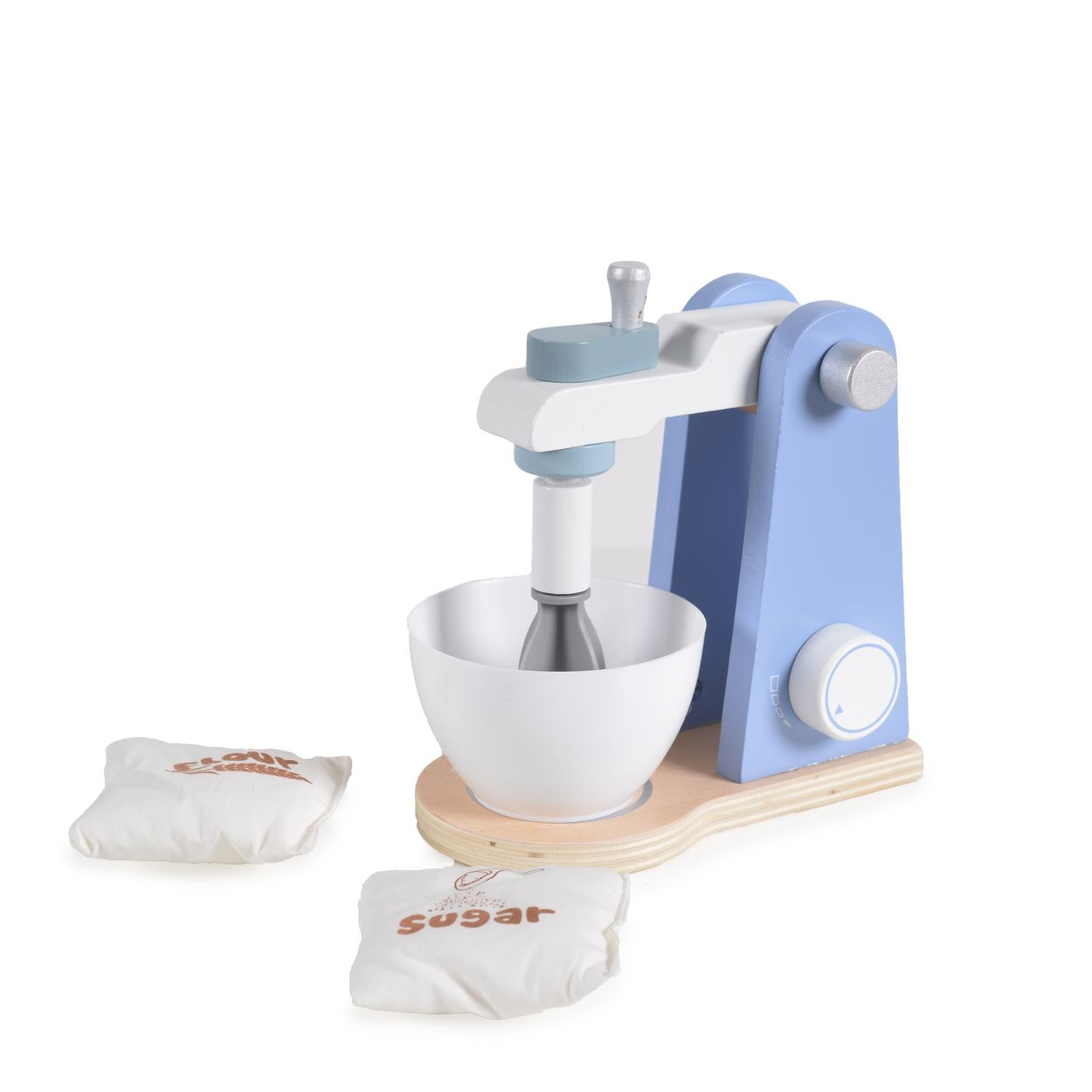 Spielzeug-Holz-Mixer, blau und weiß. Zwei Beutel mit 'Mehl' und 'Zucker' daneben.