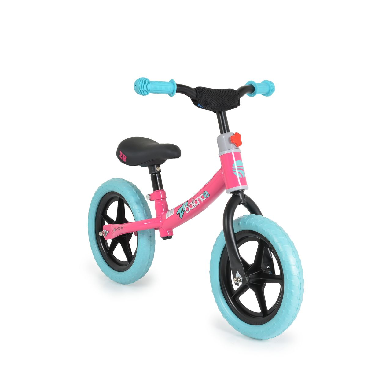 Rosa Laufrad mit blauen Reifen, schwarzem Sitz und Lenker vor weißem Hintergrund.