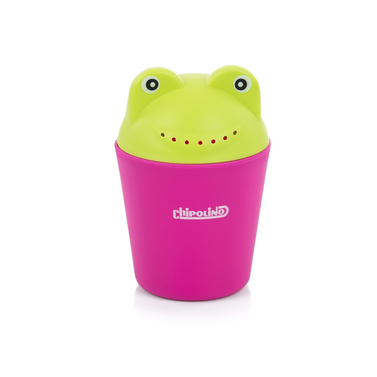 Eine rosa und grüne froschförmige Tasse.