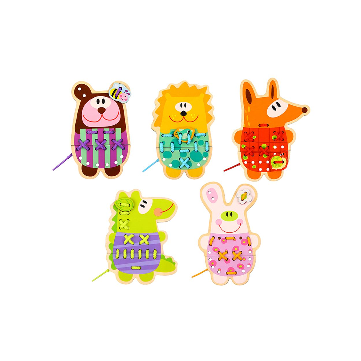 Holzspielzeug-Set mit fünf Tierfiguren, jede mit Schnürdesign.