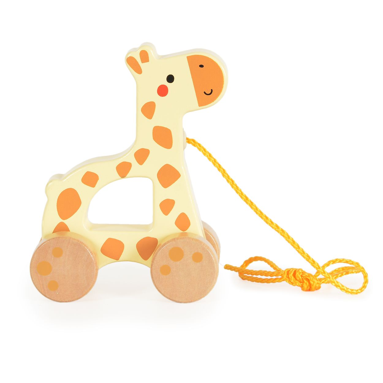 Hölzernes Giraffen-Zugspielzeug mit orangen Flecken und gelber Zugkordel, auf weißem Hintergrund.