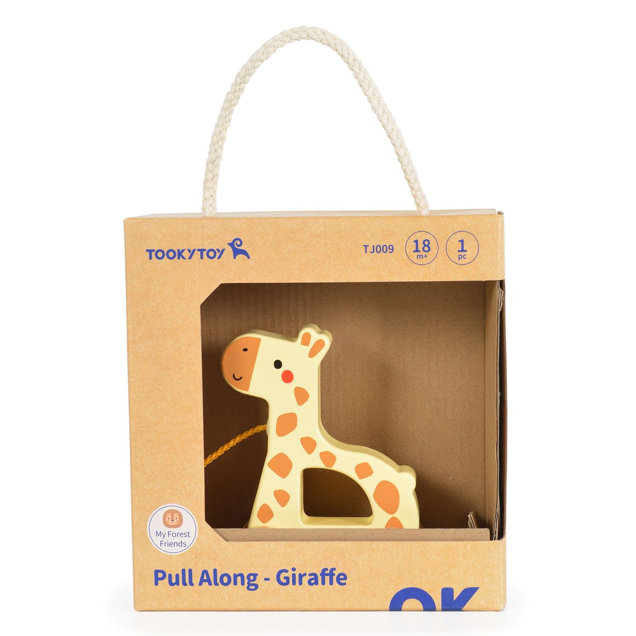 Ein Giraffenspielzeug in einem Karton. Die Giraffe ist cremefarben und orange.
