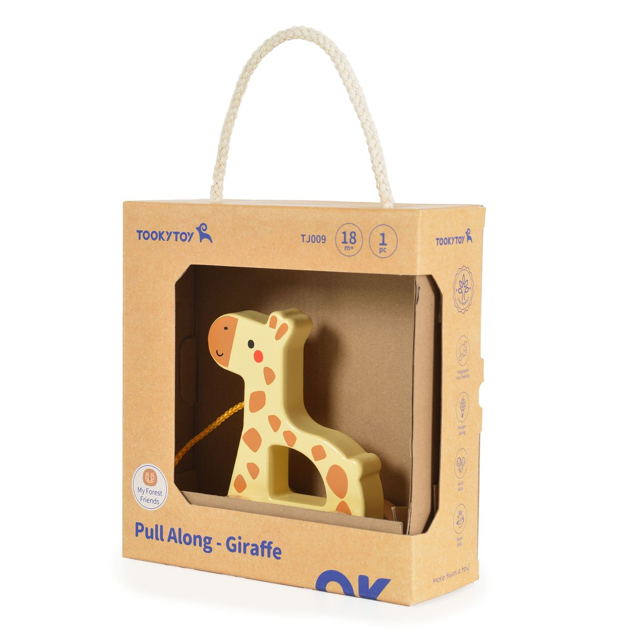 Ein Holz-Giraffen-Spielzeug in seinem Karton, mit weißem Seilgriff. Das Spielzeug ist gelb.