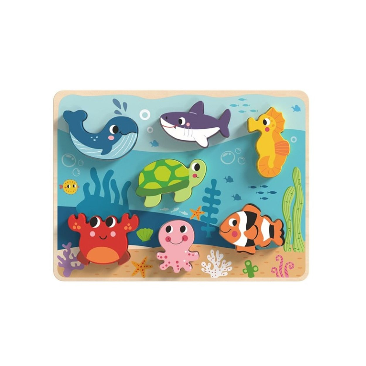 Ein Holzpuzzle mit Meerestieren: Wal, Hai, Schildkröte, Seepferdchen, Krabbe, Tintenfisch und Clownfisch.