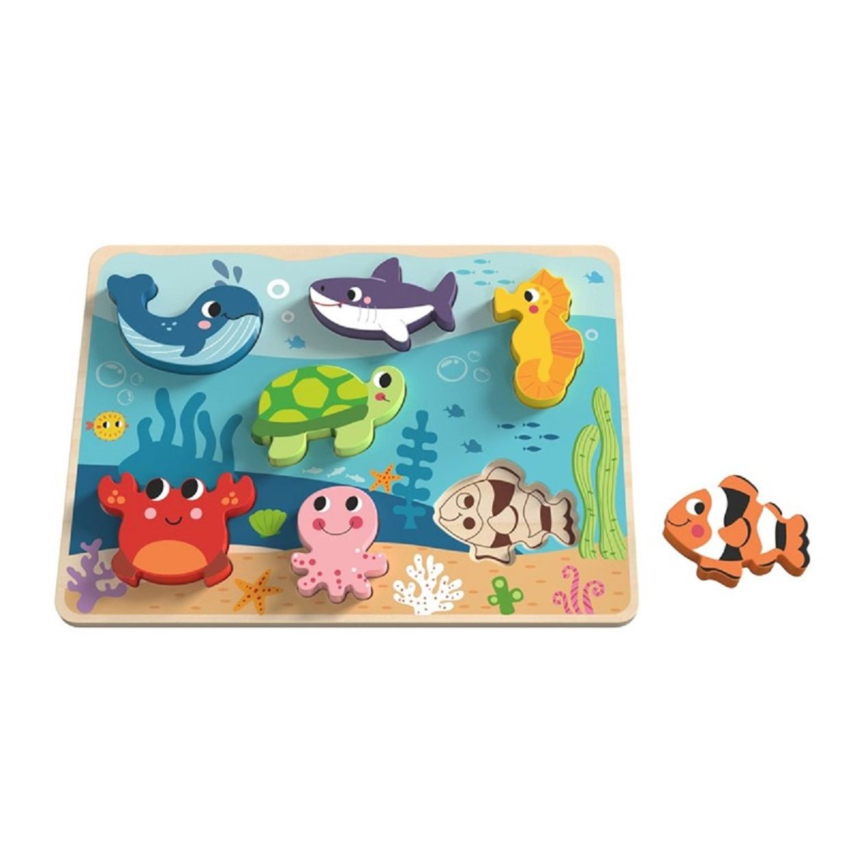 Holzpuzzle mit Meerestieren: Wal, Hai, Seepferdchen, Schildkröte, Oktopus, Krebs, Fisch.