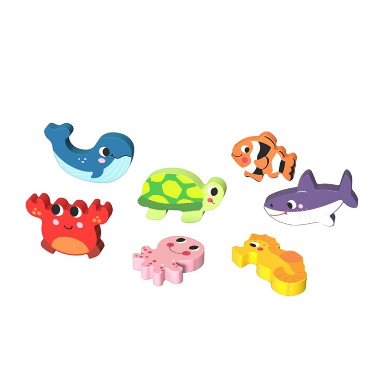 Holzspielzeug von Meereskreaturen, Wal, Krebs, Schildkröte, Oktopus, Clownfisch, Hai und Seepferdchen, auf weißem Untergrund.