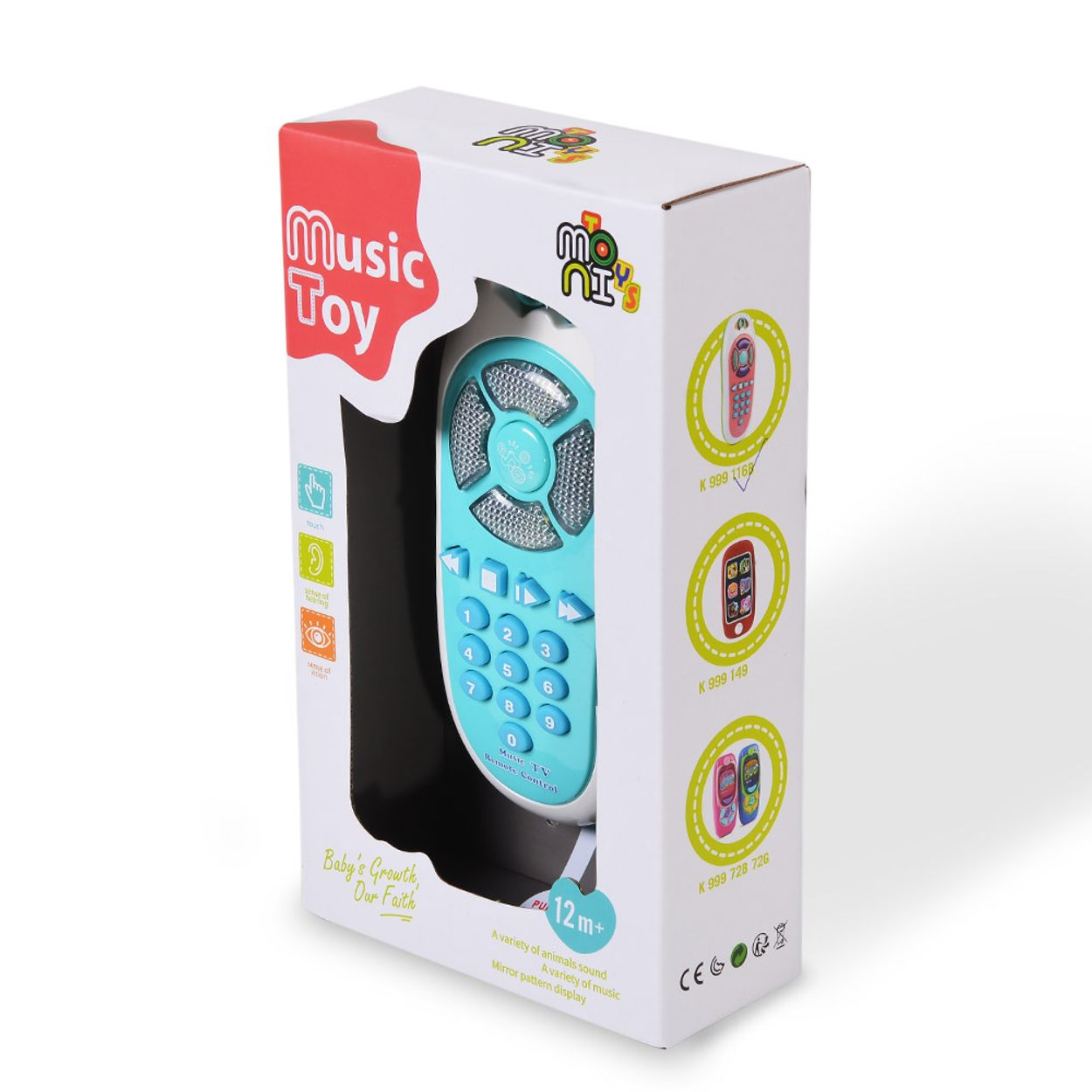 Spielzeug-Musiktelefon in einer Box, mit anderen Telefonbildern und Text.