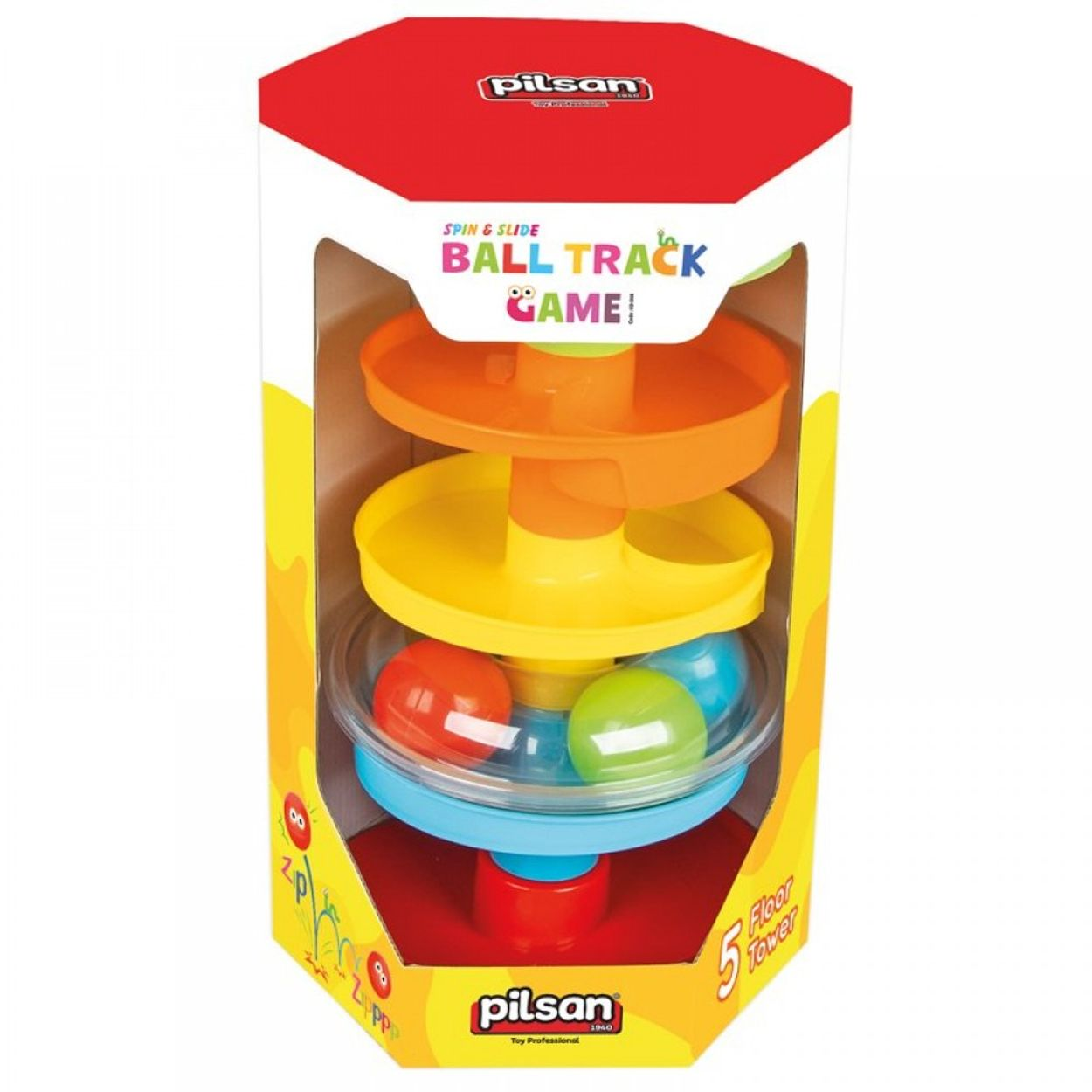 Buntes Spielzeug mit einem Kugelbahnspiel. Text: BALL TRACK GAME! Rote, orange, gelbe, blaue Kugeln.