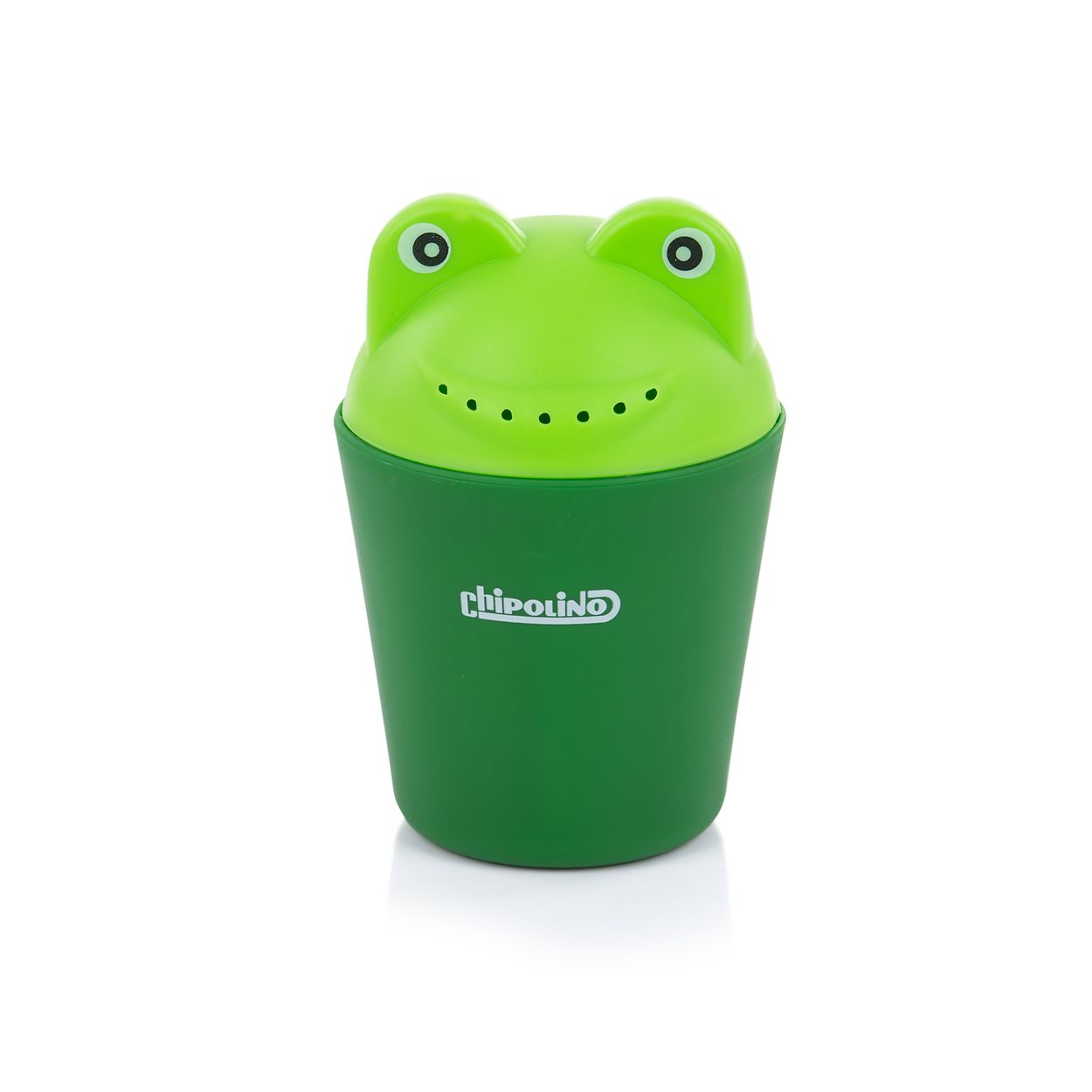 Grüner eimerförmiger Spielzeug-Frosch mit dem Wort „chipolino“ darauf.