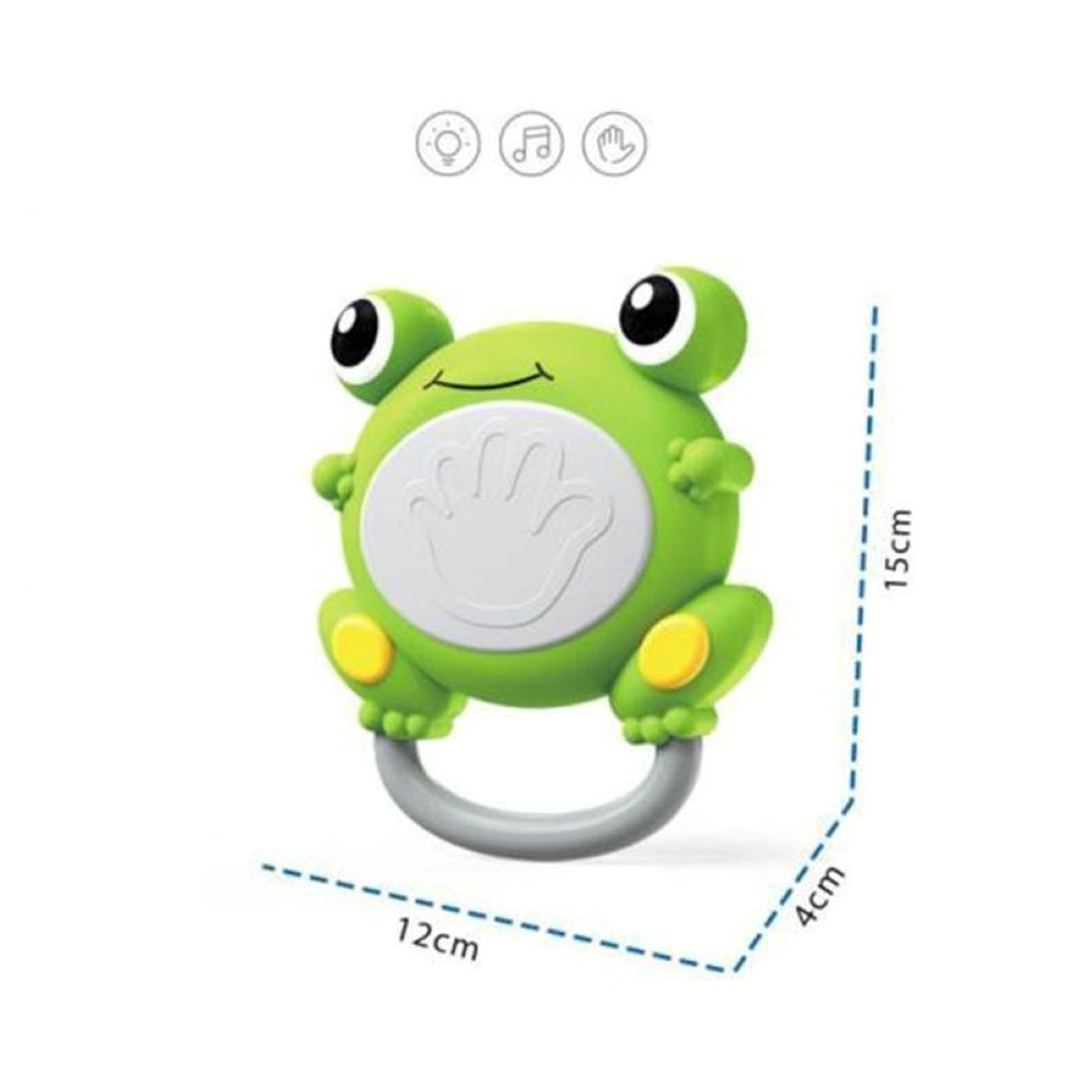Eine grüne, froschförmige Babyrassel mit einem weißen Handsymbol in der Mitte.