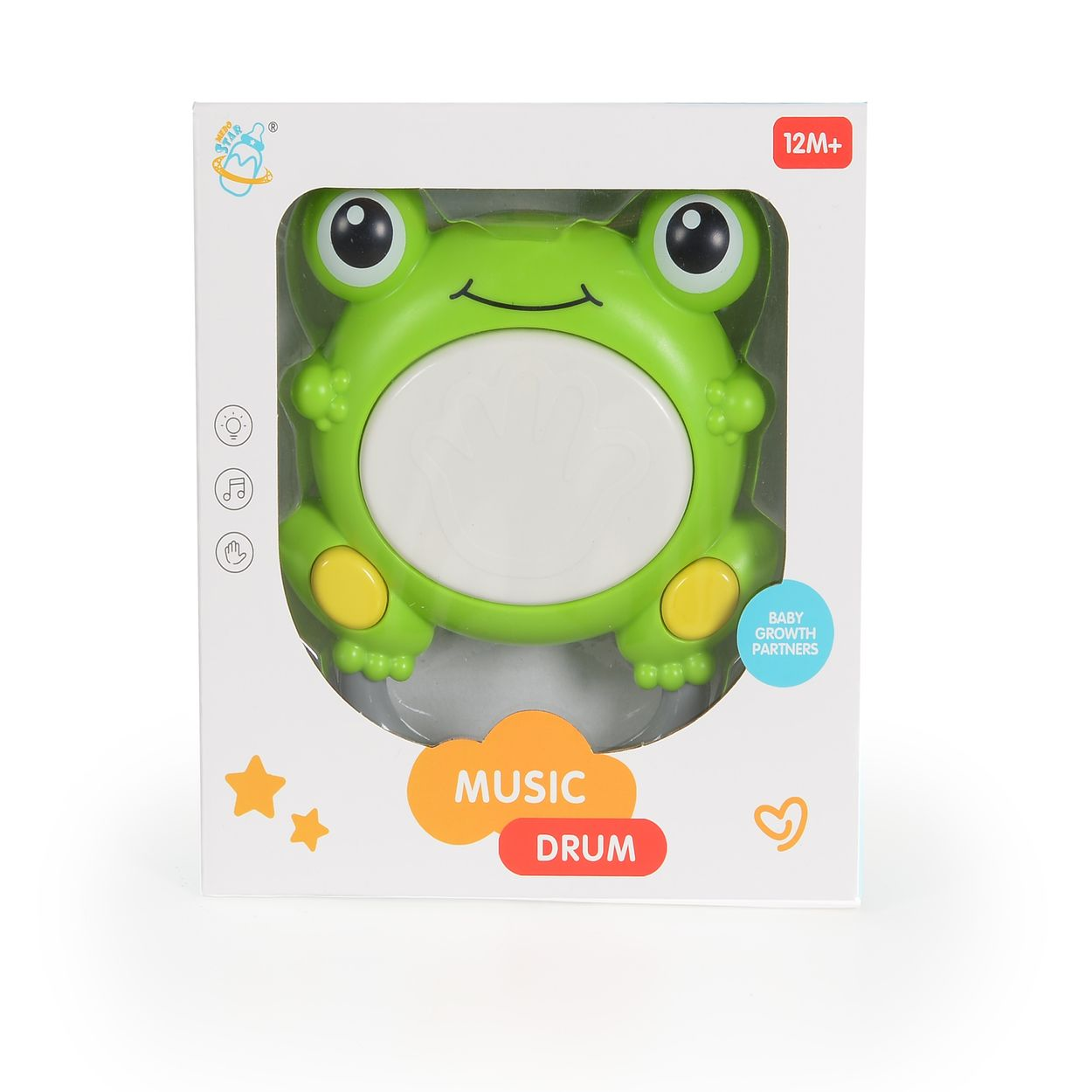 Grünes, froschförmiges Babyspielzeug in einer Box, mit Text und Illustrationen.