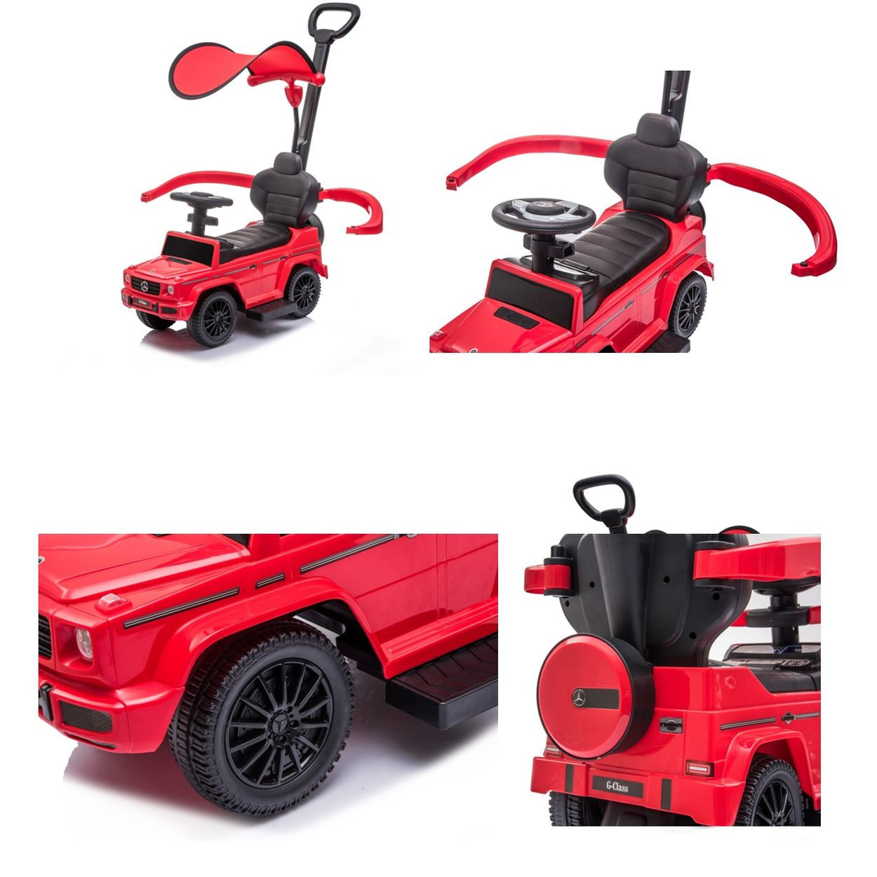 Rotes Spielzeugauto mit Kindersitz, Lenkrad und Schiebegriff. Mehrere Ansichten enthalten.