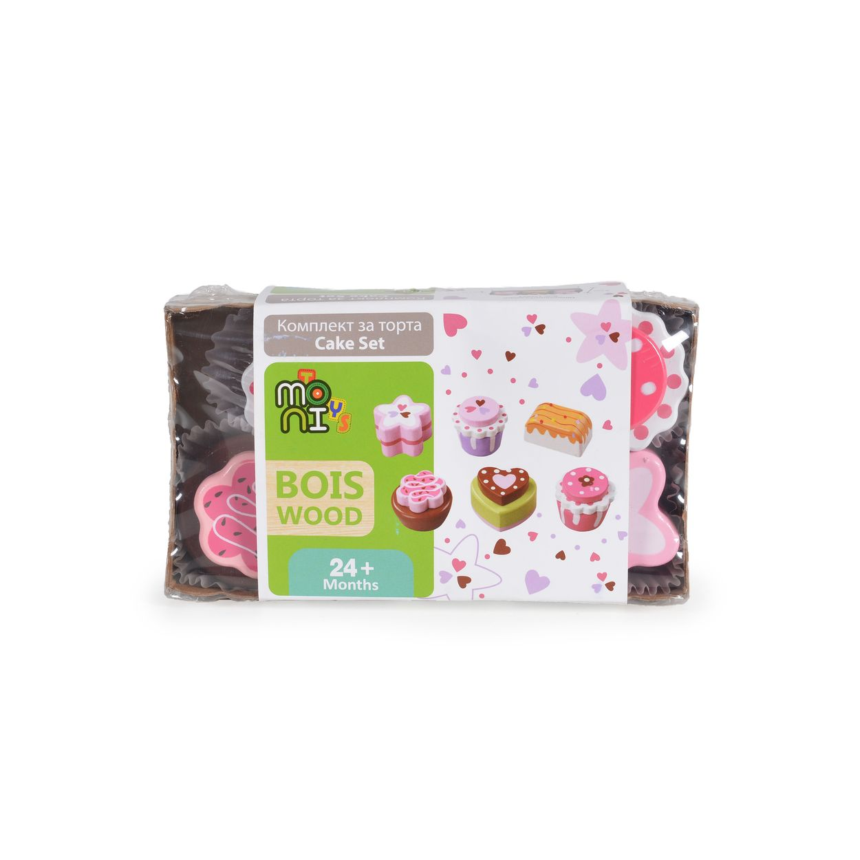 Kuchen-Set-Spielzeug mit verschiedenen bunten Kuchen, auf weißem Hintergrund. Verpackung sagt 'Cake Set'.
