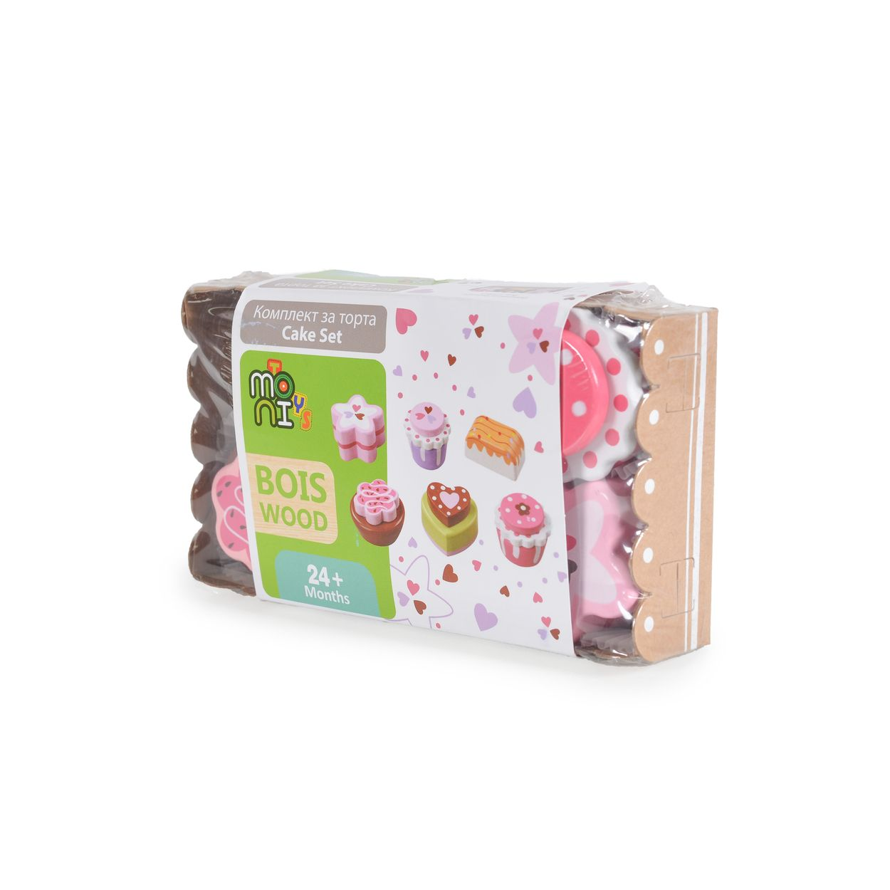 Verpacktes Kuchen-Set-Spielzeug. Kuchenstücke, Cupcakes und rosa Dekorationen. Text: Cake Set, Bois Wood, 24+ Monate.