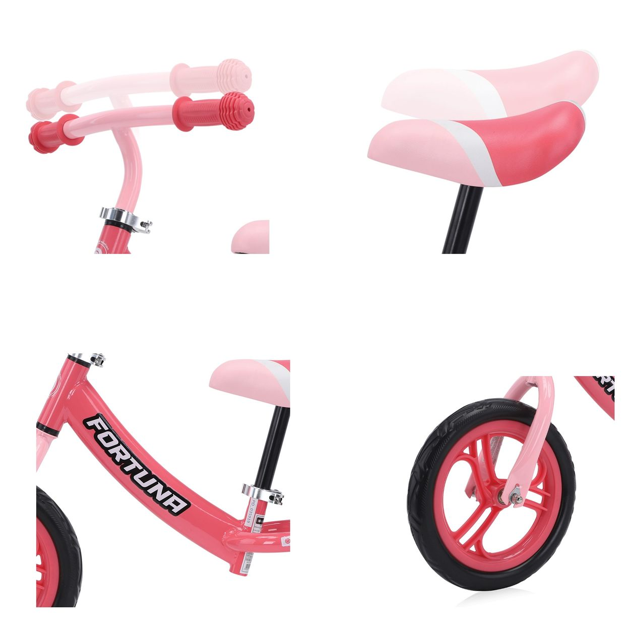 Nahaufnahme eines rosa Laufrads, verschiedene Teile, auf weißem Hintergrund.