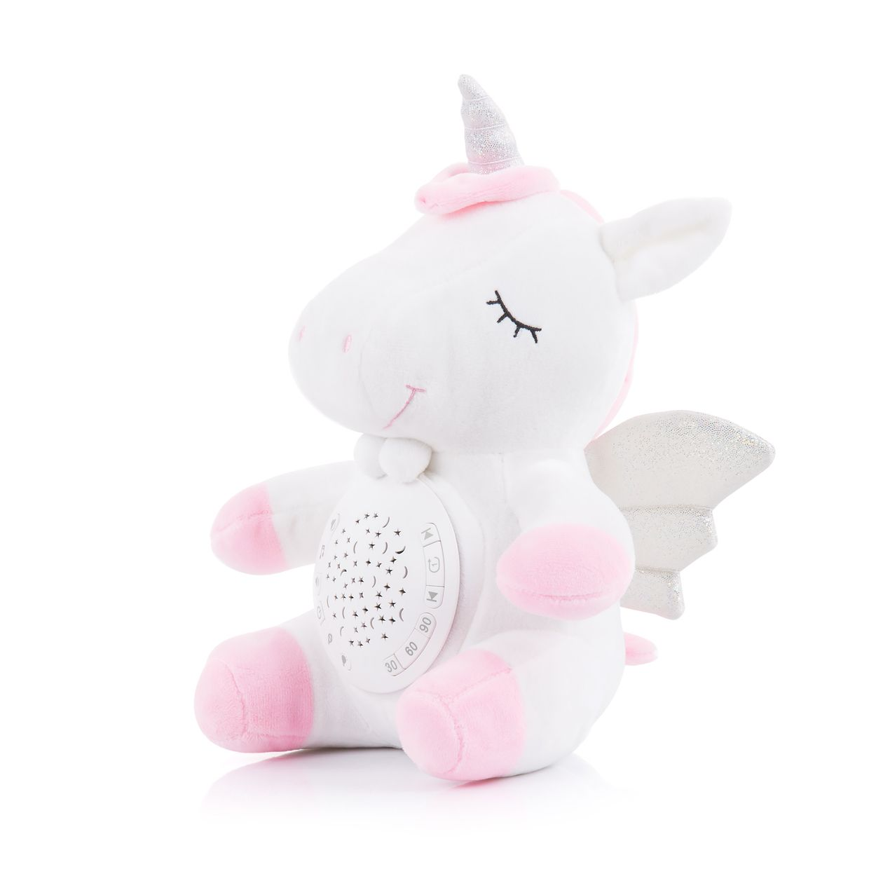 Weißes Einhorn-Plüschtier, rosa Akzente, silbernes Horn und Flügel, musikalische Funktionen, weißer Hintergrund.