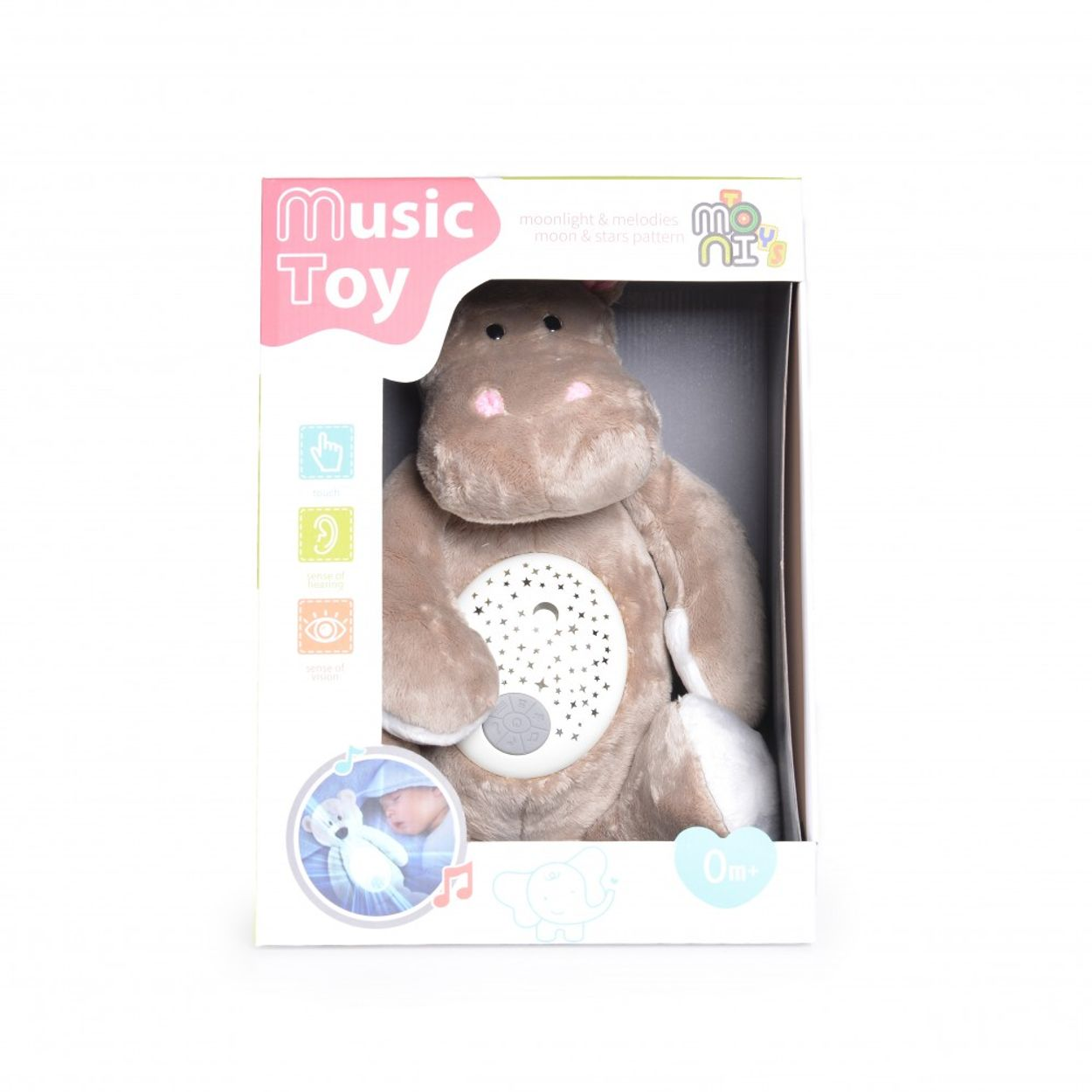 Peluche con forma de hipopótamo en una caja, con proyector de estrellas en su vientre.