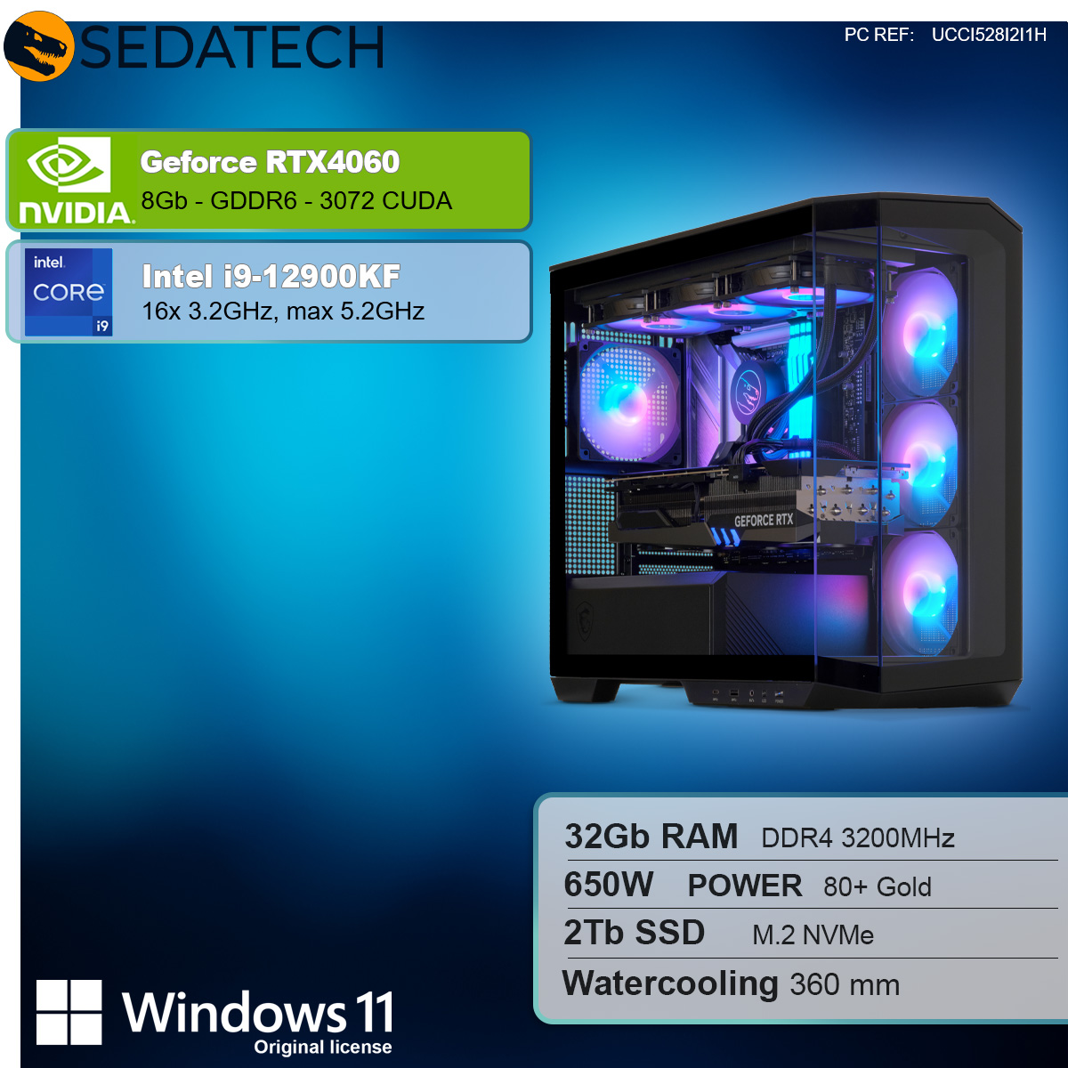 Komputer z kartą graficzną i procesorem Intel core i9 oraz tekst ze specyfikacjami technicznymi.