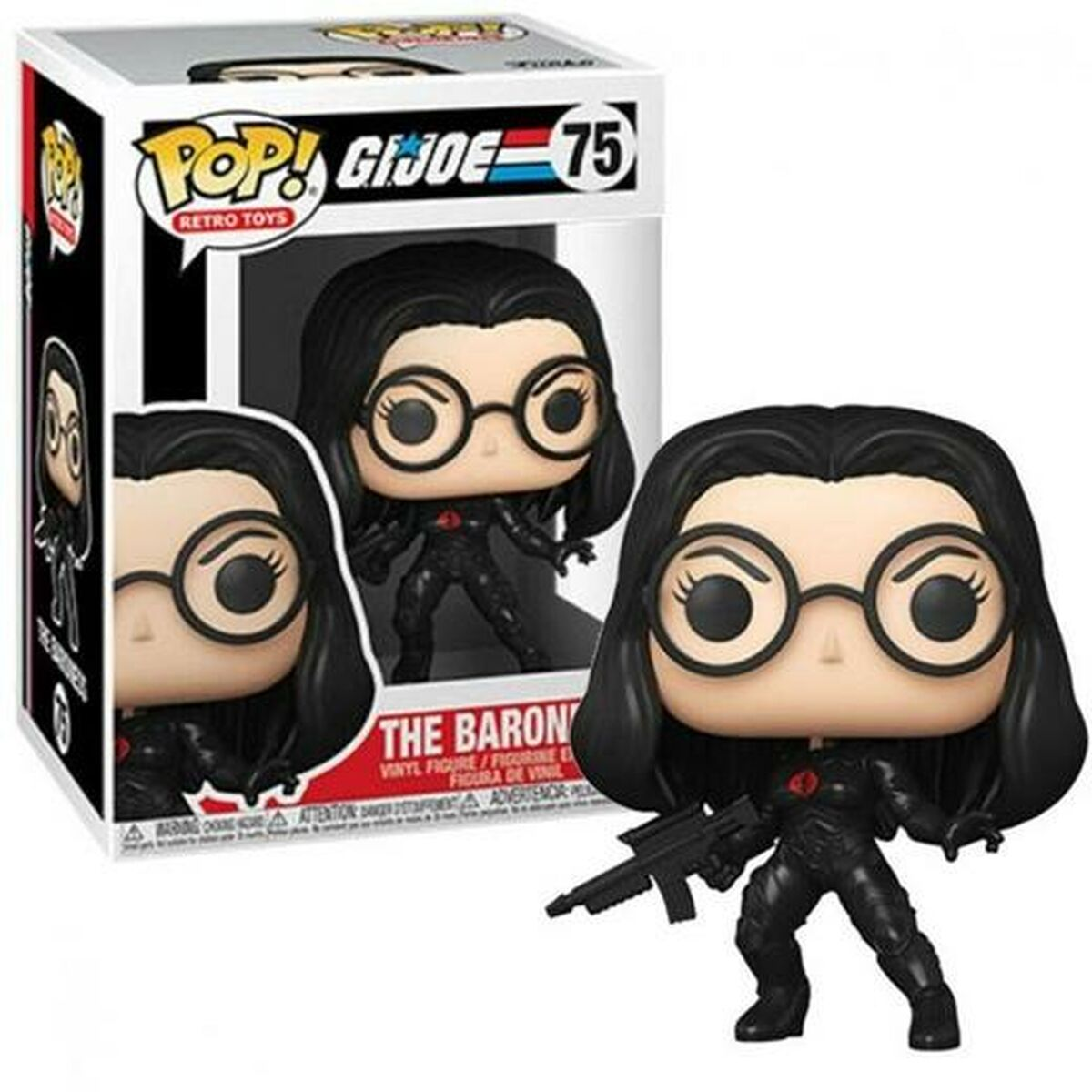 GI Joe Baroness Figur in Box und ausgestellt, schwarzes Outfit, Brille, Waffe.