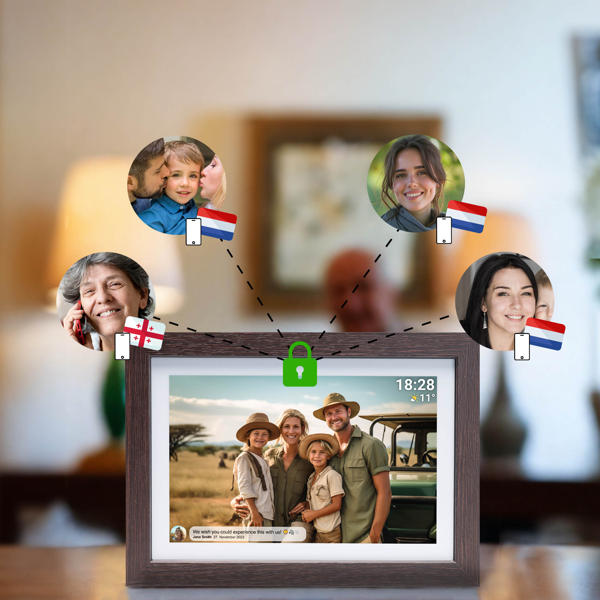 Cyfrowa ramka na zdjęcia przedstawiająca rodzinę. Z ramką połączone są zdjęcia osób z flagami.