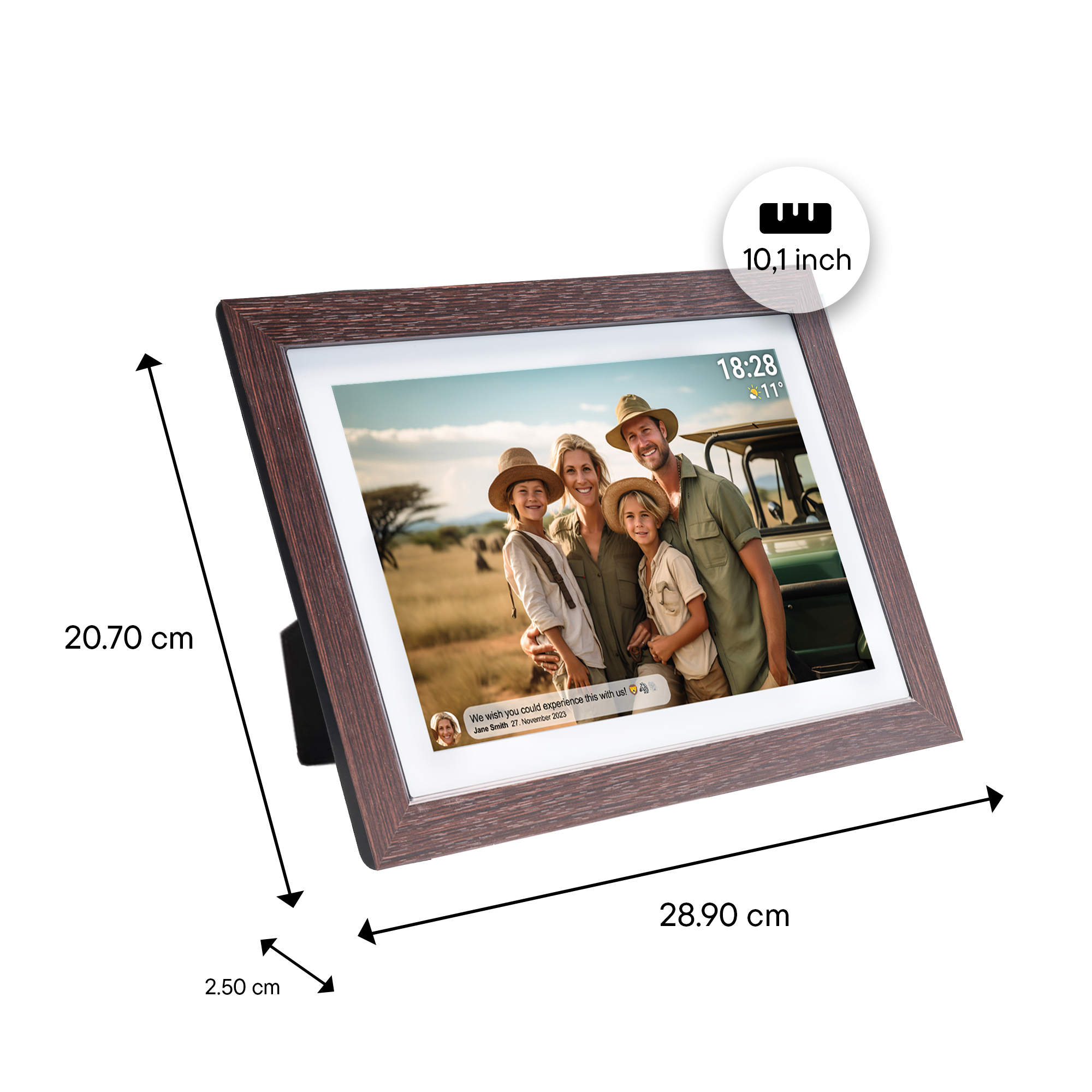 Cyfrowa ramka na zdjęcia wyświetlająca zdjęcie rodzinne, z wymiarami na ramce.
