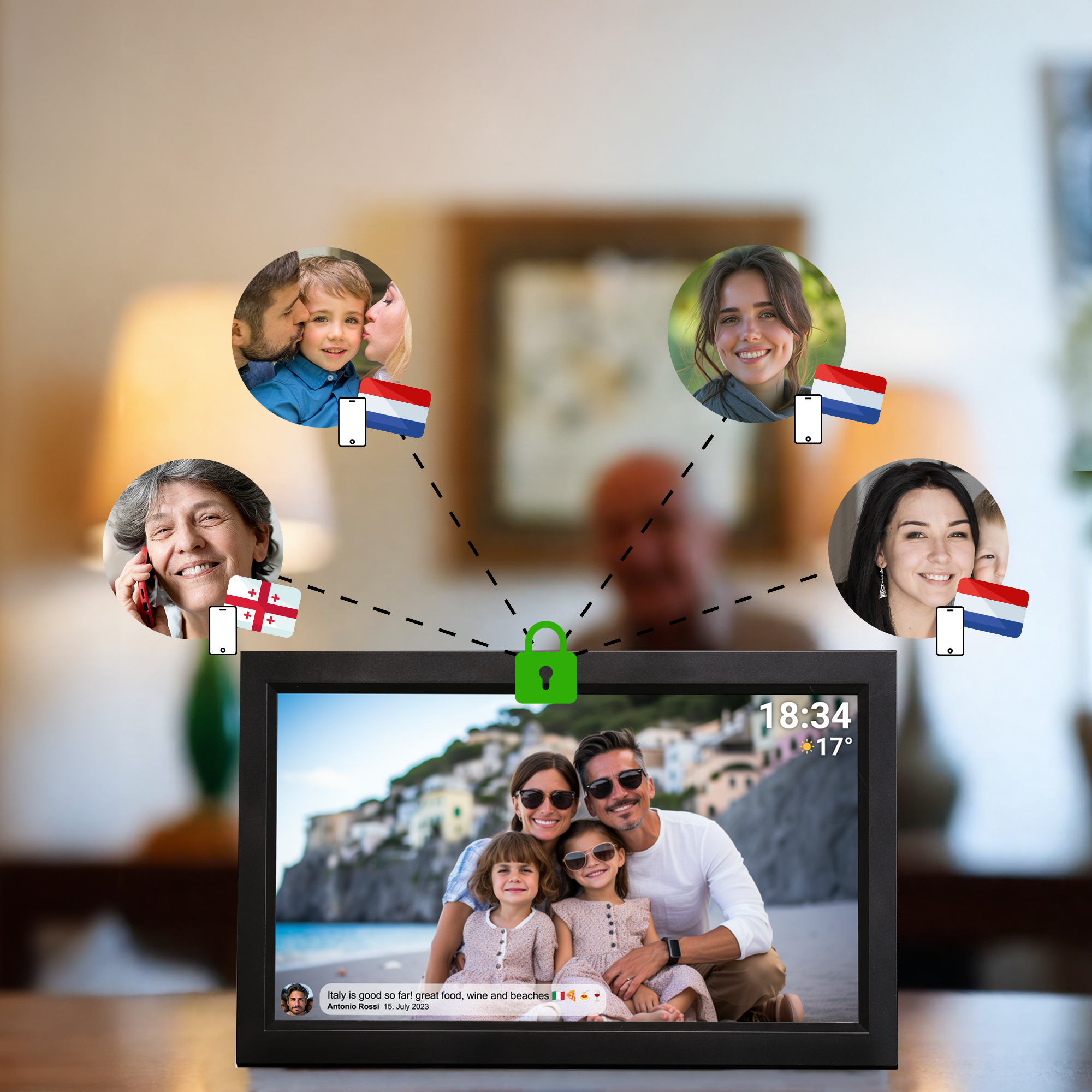 Cadre photo numérique affichant des photos de famille et des drapeaux de différents pays.