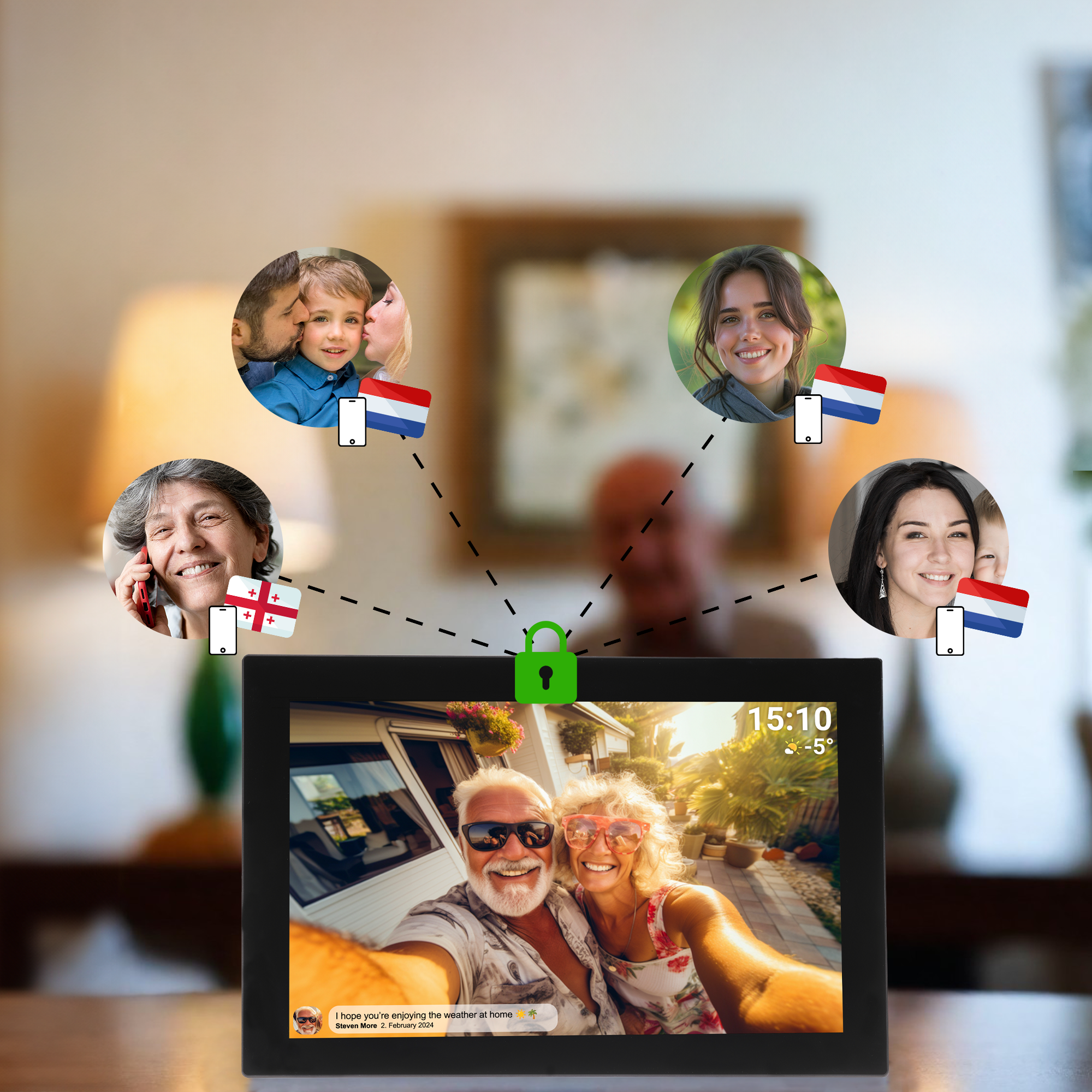 Cadre photo numérique affichant des photos de personnes, drapeaux et heure.