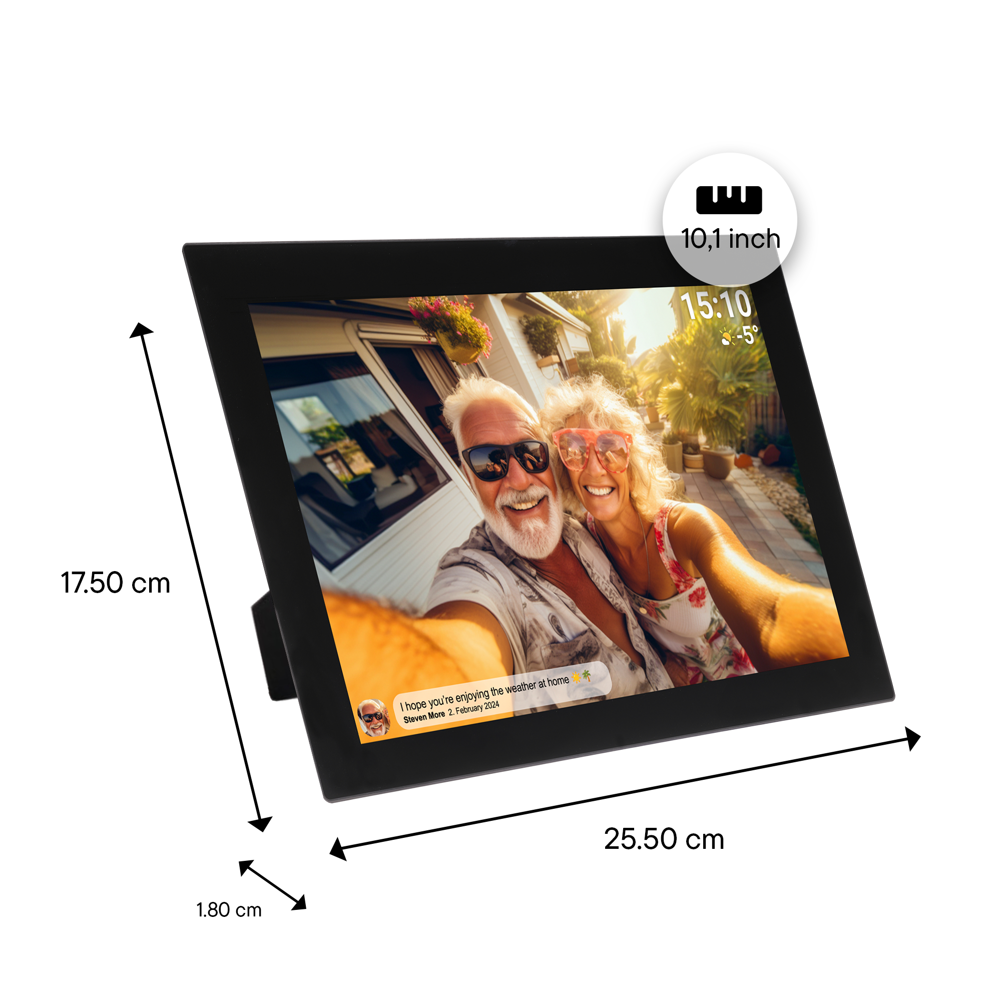 Cadre photo numérique avec selfie d'un couple. Dimensions : 17,5x25,5x1,8cm.