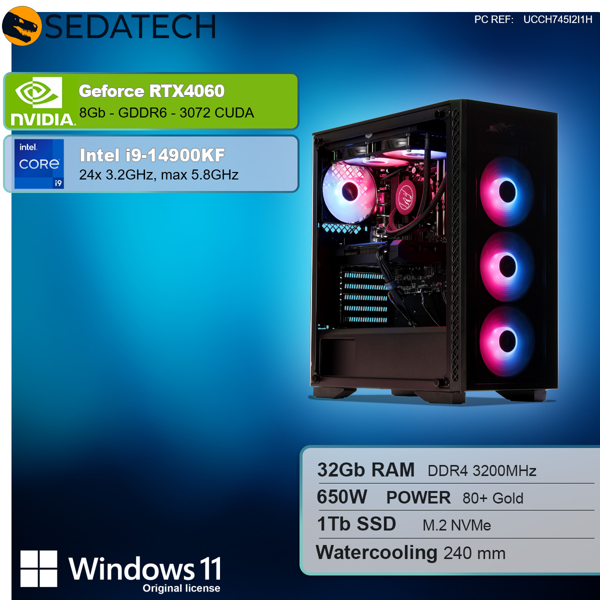 Wieża komputera z komponentami, etykietami tekstowymi i logo.