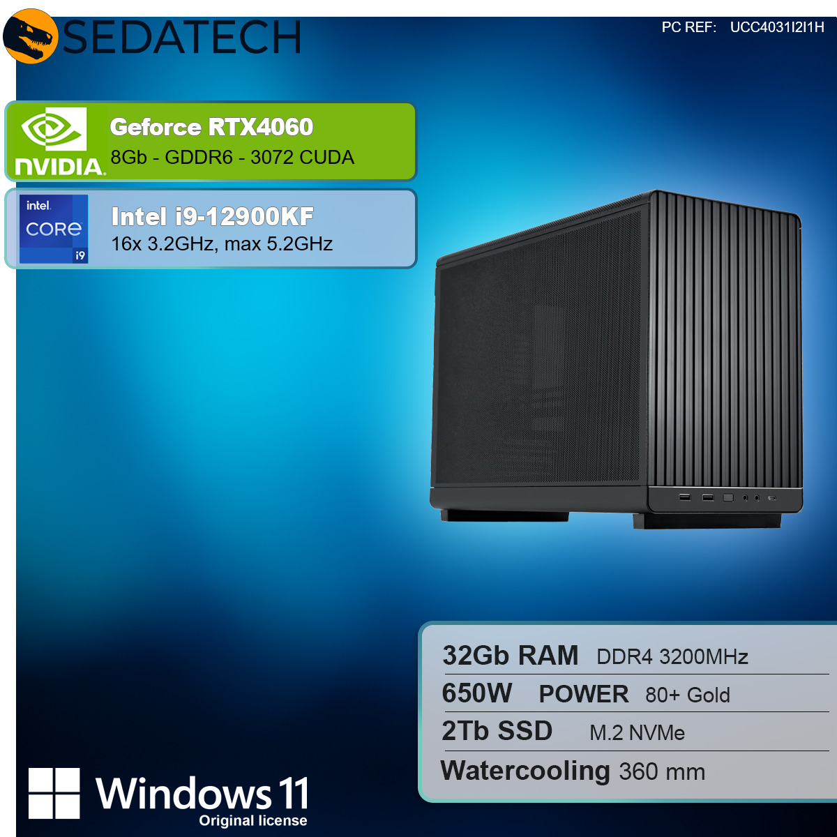 Un computer desktop con dettagli delle specifiche. NVIDIA GeForce RTX 4060, Intel i9.