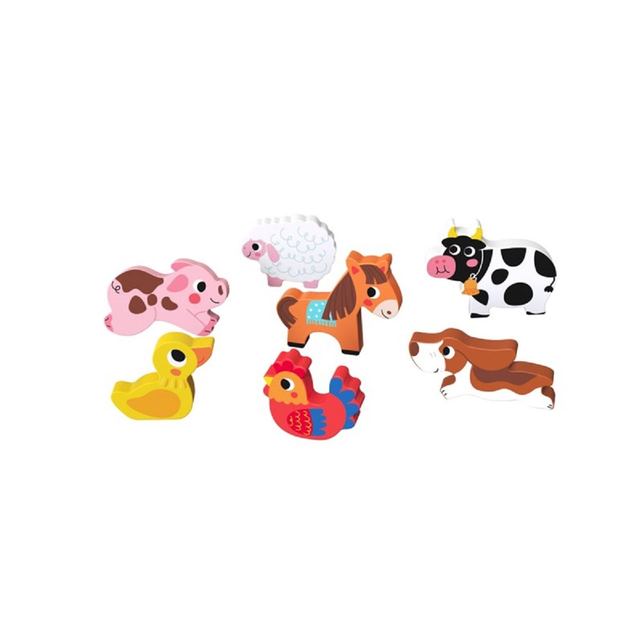 Animales de juguete de madera: cerdo, oveja, caballo, vaca, pato y perro. Todos son coloridos.