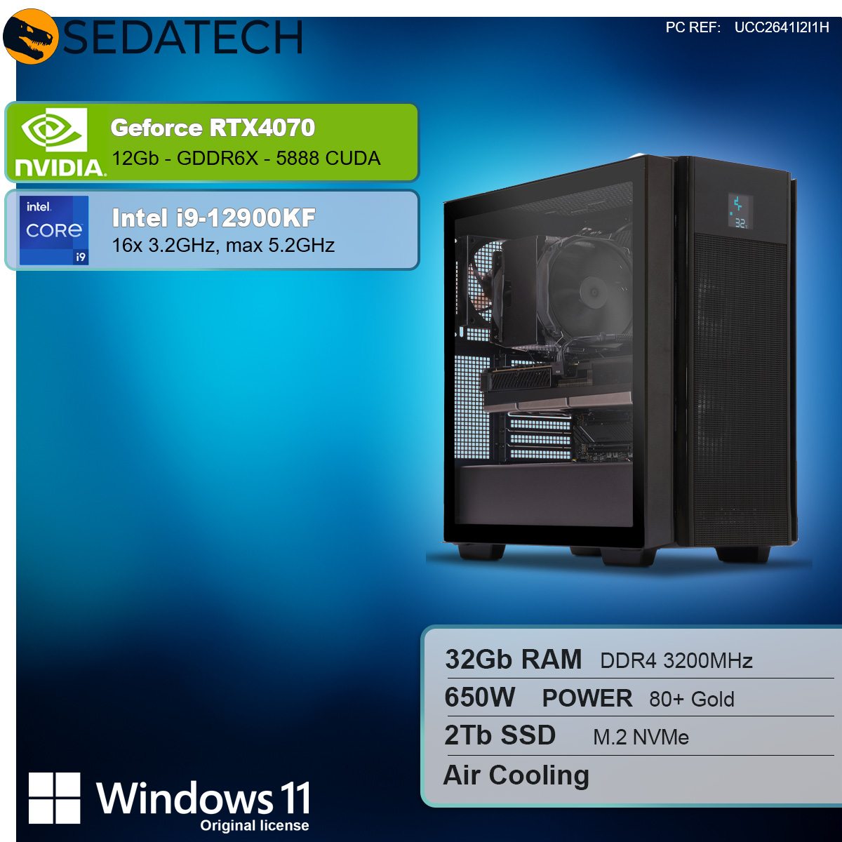 PC-Gehäuse mit blauen Lichtern, Komponenten und Infotafeln: Nvidia, Intel, Windows.